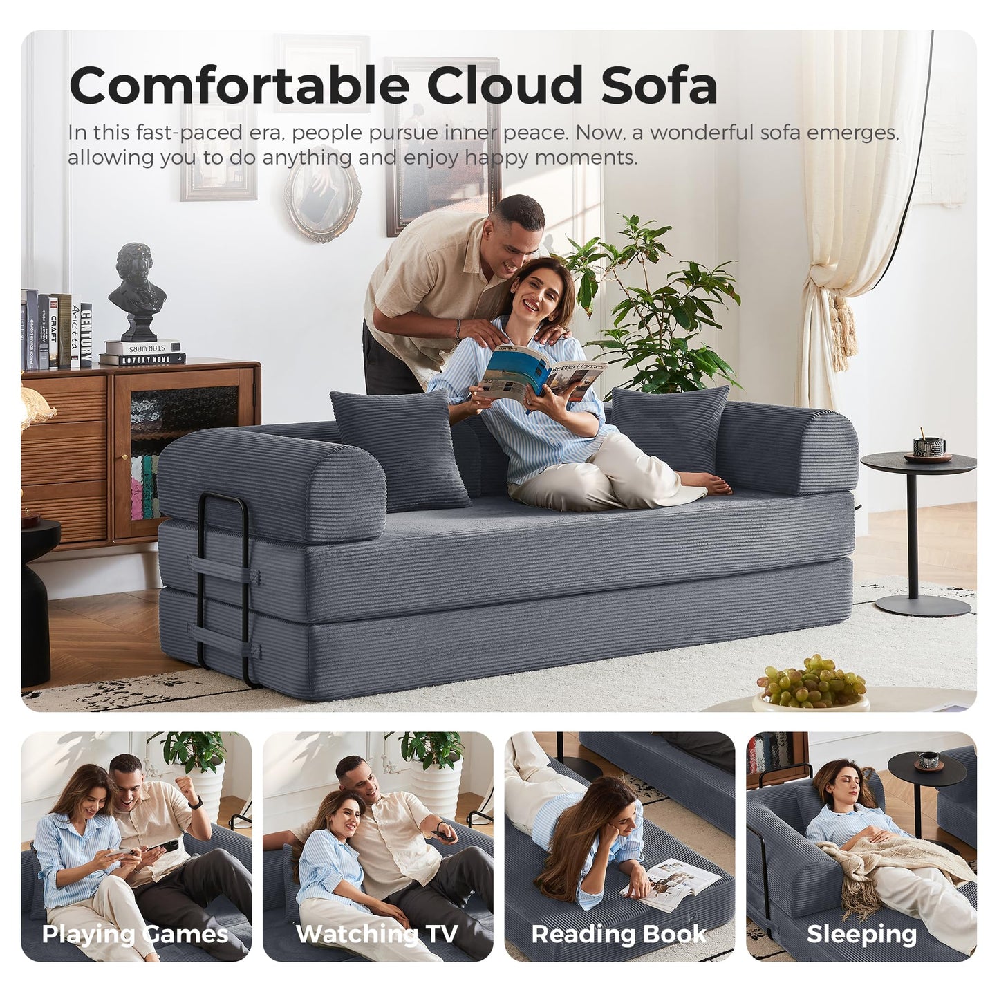 Bsxupke 79'' Convertible Sleeper Couch Bed, Floor Sofa Bed with Fixed-Shape Frame, Corduroy Floor Sofa with 2 Pillows, Loveseat Floor Sofa Lounge for Living Room Bedroom, Dark Grey