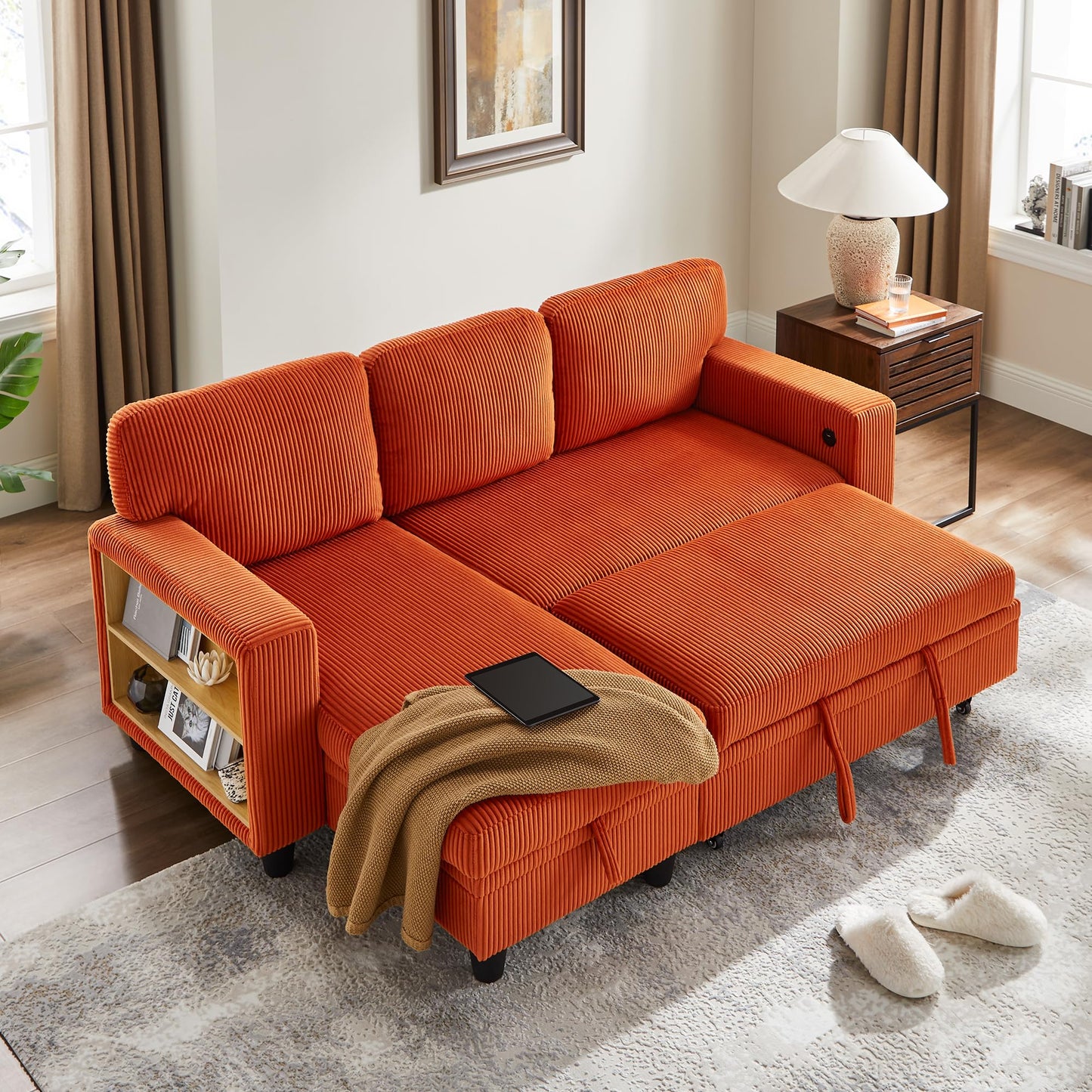 RedLemon 80'' Sleeper Sofa Bed,L-Shaped Sectional Corduroy Couch with Storage Chaise,2 Built-in Bookshelves and USB Charging Port - Comfy Sofa for Living Room, Apartment, Caramel