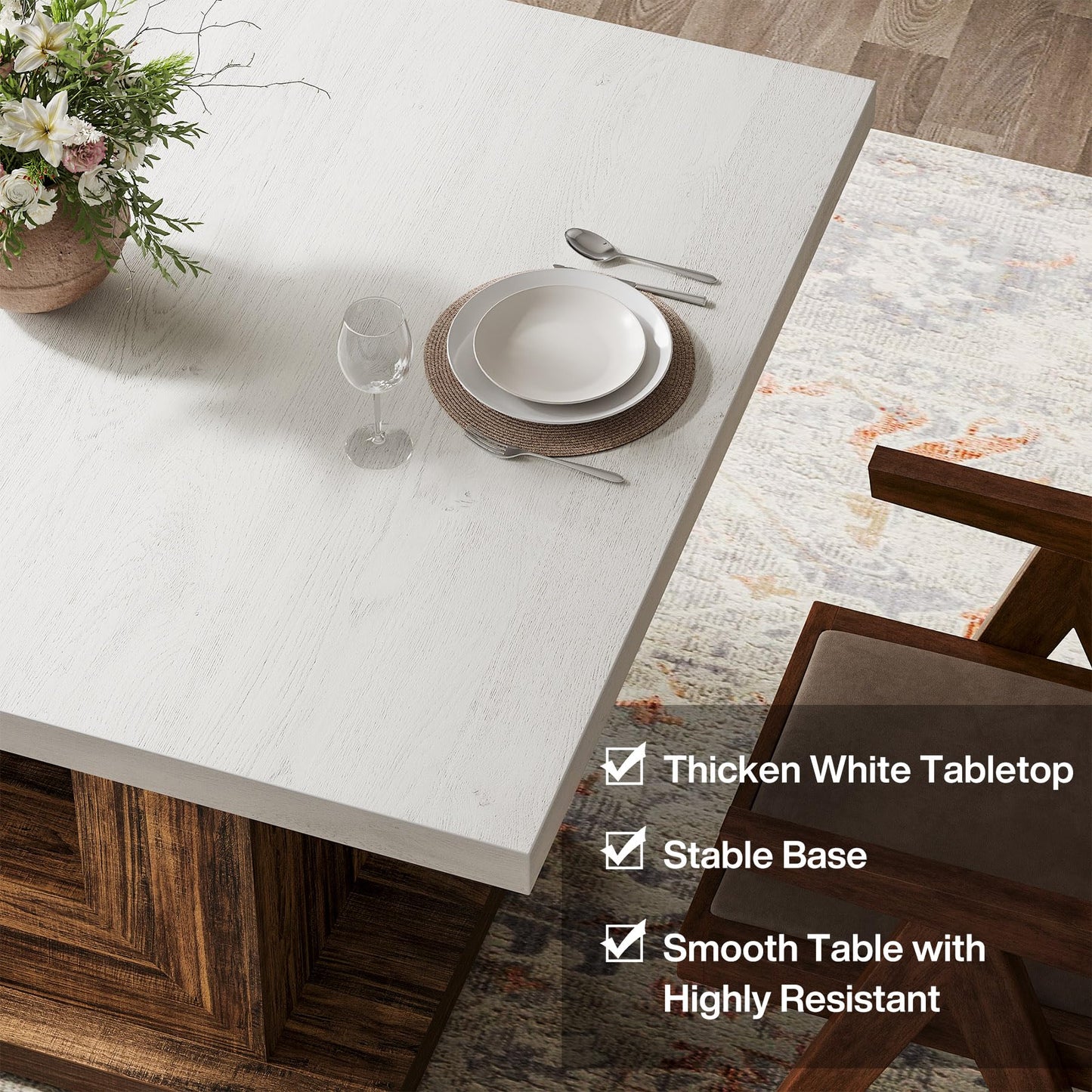 Tribesigns 47-Inch Farmhouse Dining Table for 4, White Kitchen Dinner Table with Heavy Duty Pedestal, Rustic Wooden Eating Table for Home, Dining Room, Small Space, White & Brown