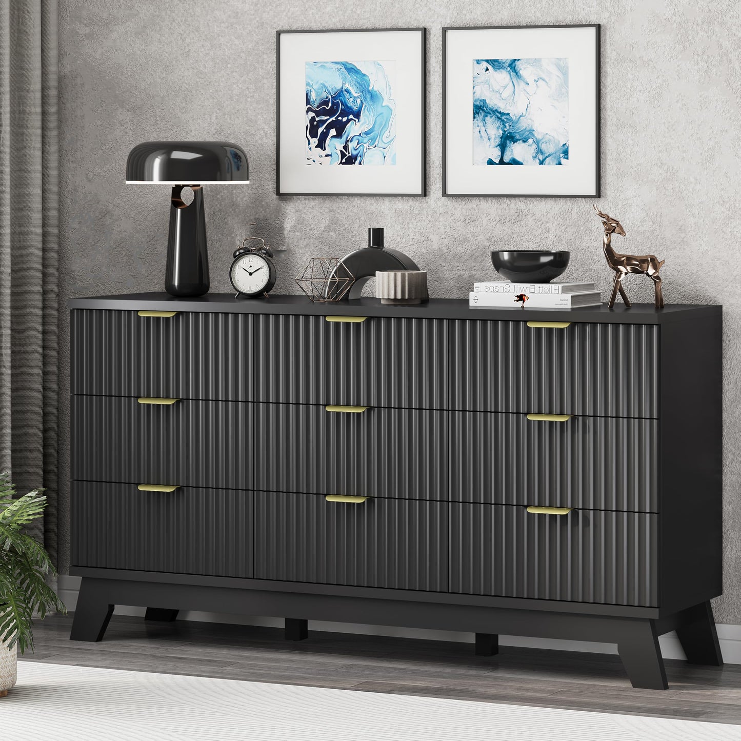 Fluted Dresser for Bedroom with 9 Drawers, 57" Wide Chest of Drawers with Metal Handle, Modern Wood Dresser TV Stand, Wooden Closet Clothes Storage Organizer for Living Room, Hallway, Black