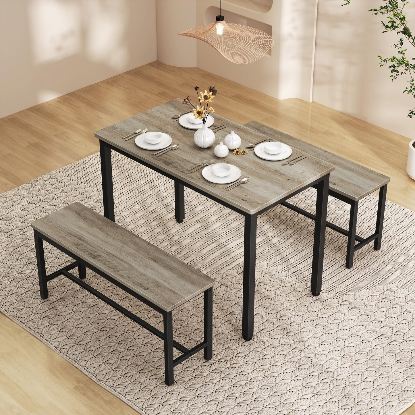 SumKea Dining Table Set for 4, Kitchen Room Table Set with 2 Benches, 3-Piece Dining Chairs Set for Breakfast Nook, Grey