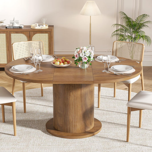 59 inch Adjustable Size Round Dining Table for 4 6, Unique Design Modern Farmhouse Kitchen Table, Fluted Base for Home Dining Room Living Room(Walnut)