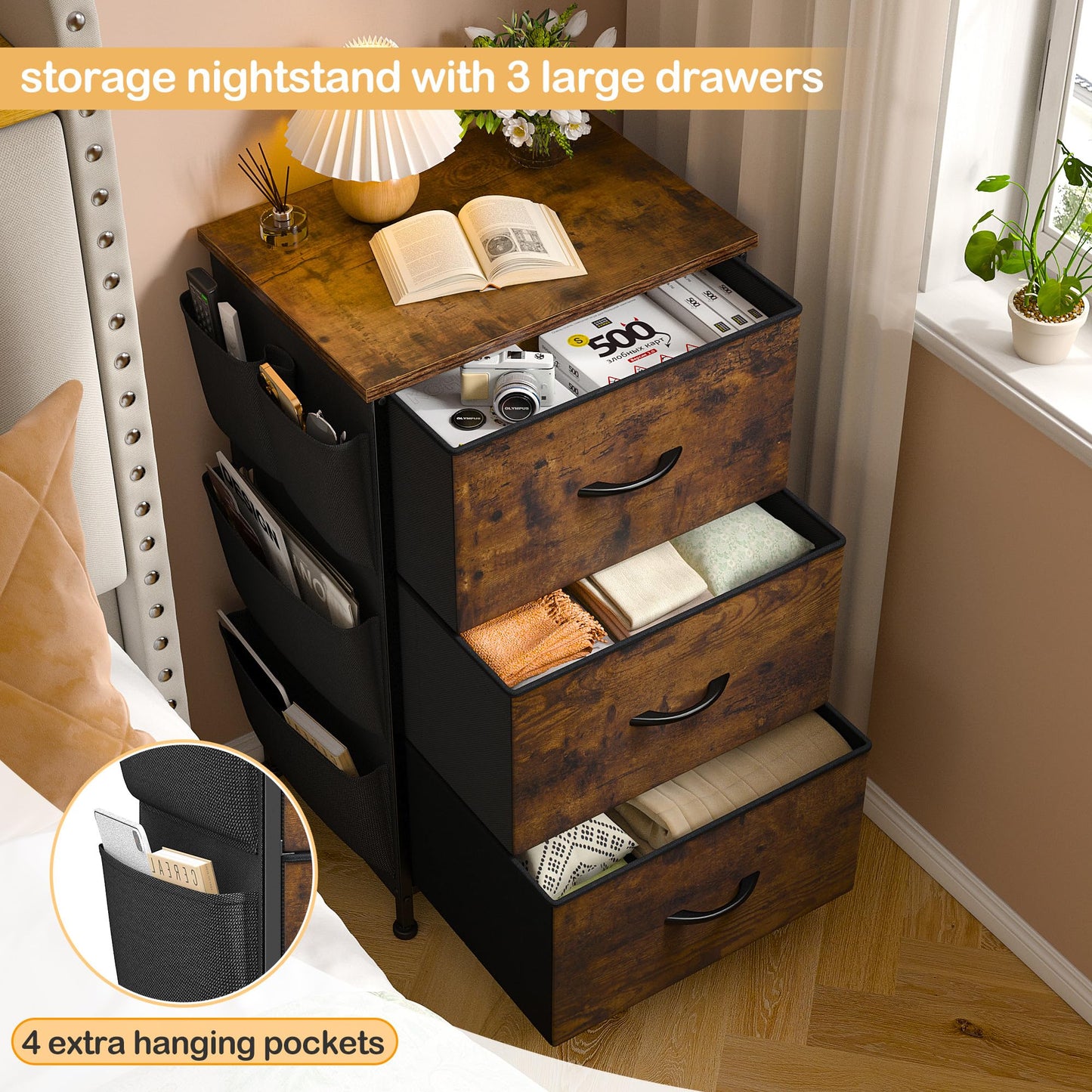 Night Stand Set 2, Night Stand with 3 Drawers for Bedroom, Bedside Table with Wooden Top, Sturdy Steel Frame End Table, Small Dresser for Bedroom, Entryway, Rustic Brown