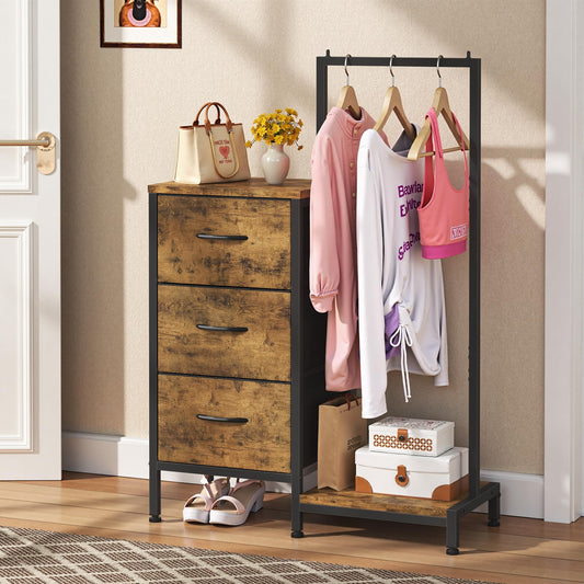 AFLUI Dresser for Bedroom with Hanging Rack, 3 Drawers Dresser for Bedroom - Rustic Brown