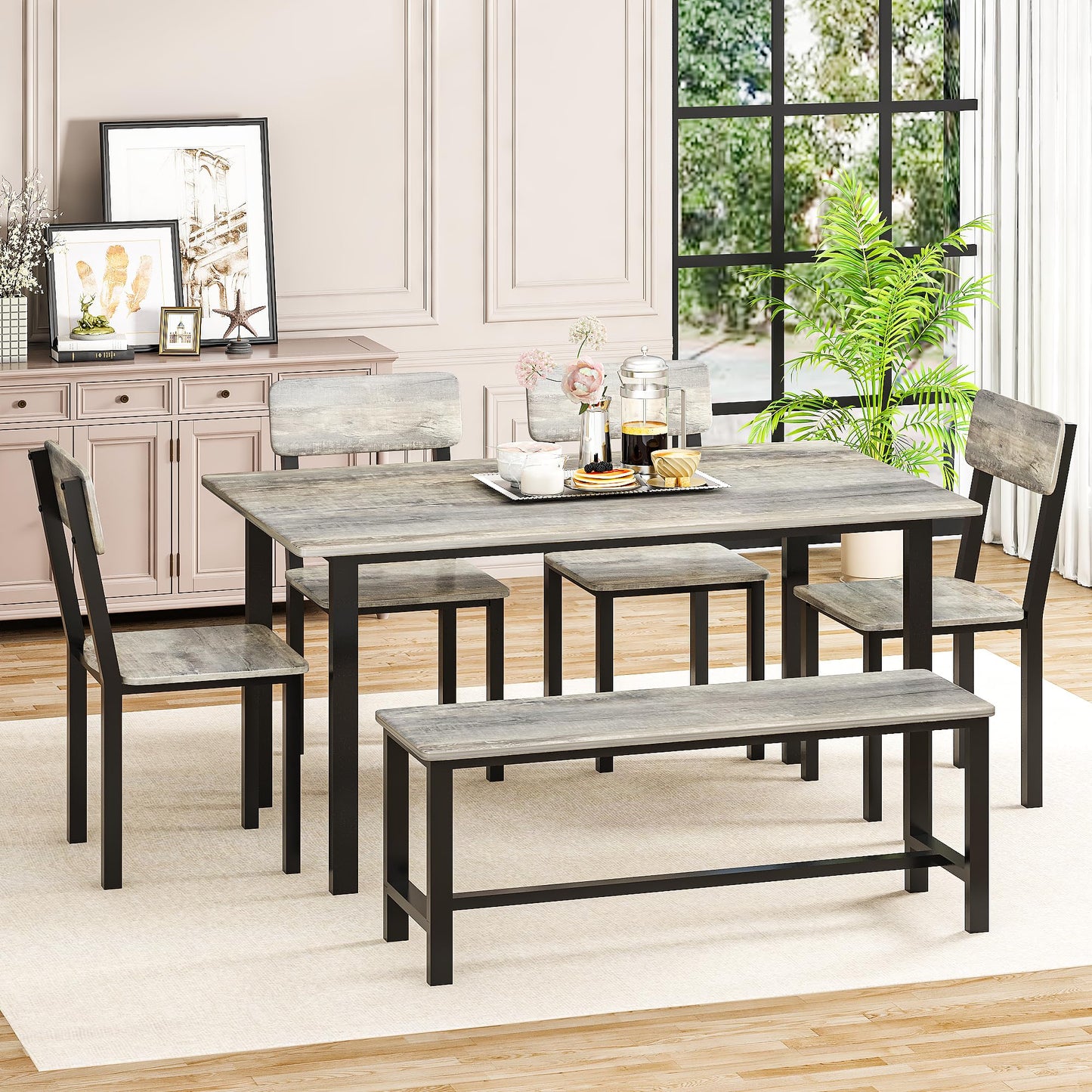 AWQM 6-Piece Dining Set, Modern Dining Table Set for 4-6,Kitchen Table Set with Chairs and Bench,Dining Room Table Set with Metal Frame & MDF Board, Table & Chairs Set for Small Space,Apartment,Grey
