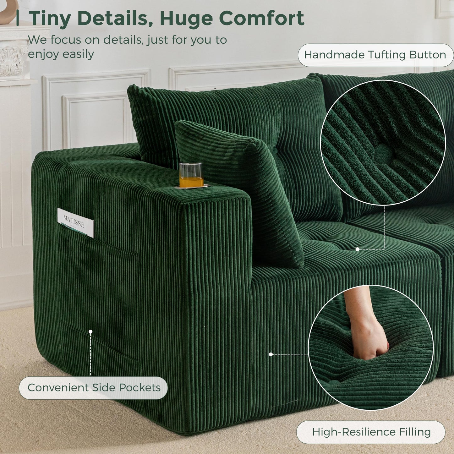 MAXYOYO Modular Sectional Sofa Couch, Loveseat Boneless Cloud Couch for Living Room, Sofa in A Box, Upholstered Cozy Chair with Tufted Craft, No Assembly Required, Green