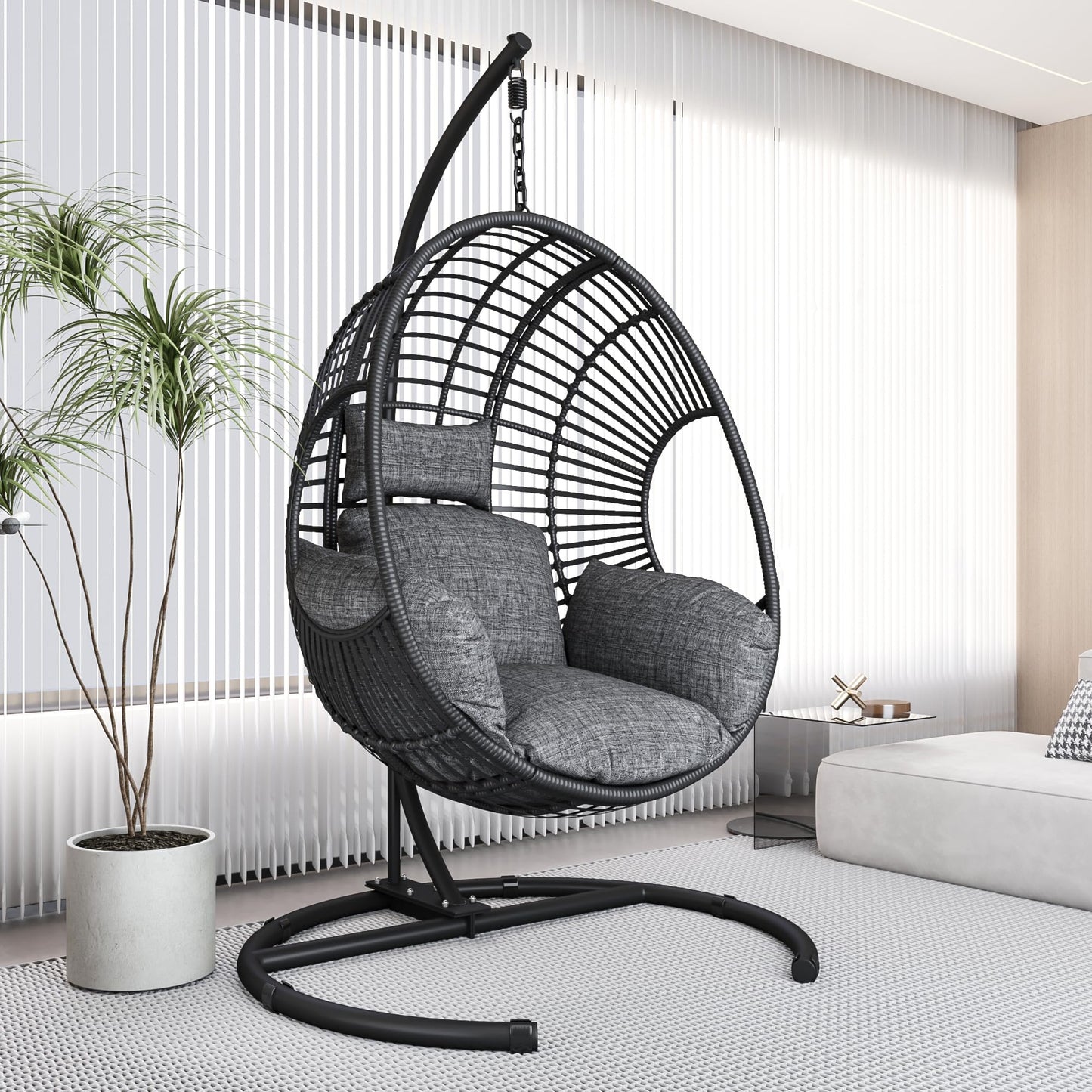 Hanging Egg Chair with Stand - Egg Swing Chair Outdoor Indoor Patio Wicker Chair Swing Hammock Egg Chairs 400lbs Capacity for Outside Patio, Bedroom, Garden and Balcony（Black）