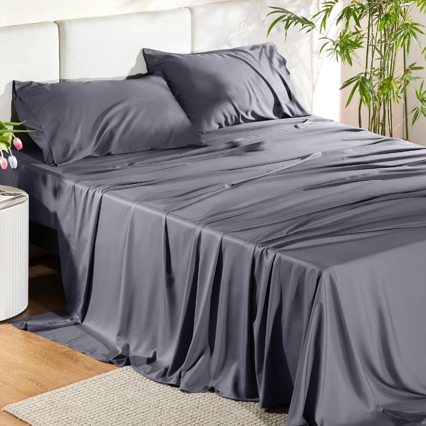 Bedsure King Size Sheets Set, Cooling Sheets for Hot Sleepers, Rayon Derived from Bamboo, Breathable & Soft, Deep Pocket Up to 16 Inches, Hotel Luxury Silky Bedding, Dark Grey