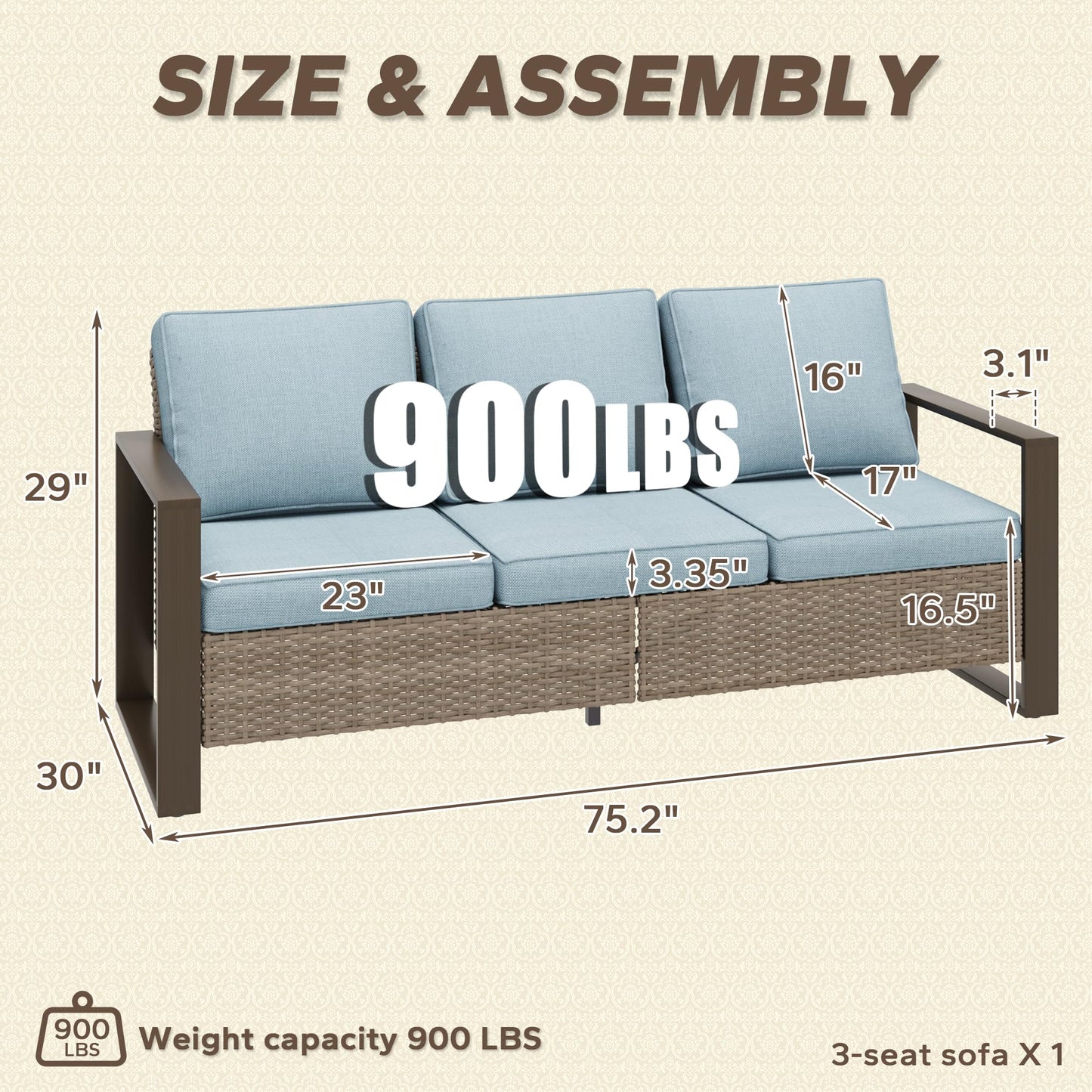 MeetLeisure 75" Patio Metal Wicker Sofa, All Weather Outdoor Rattan 3-Seat Sofa Couch with Premium Cushions & Rectangular Framed Wood-Looking Metal Armrest for Garden Backyard Porch Deck, Baby Blue