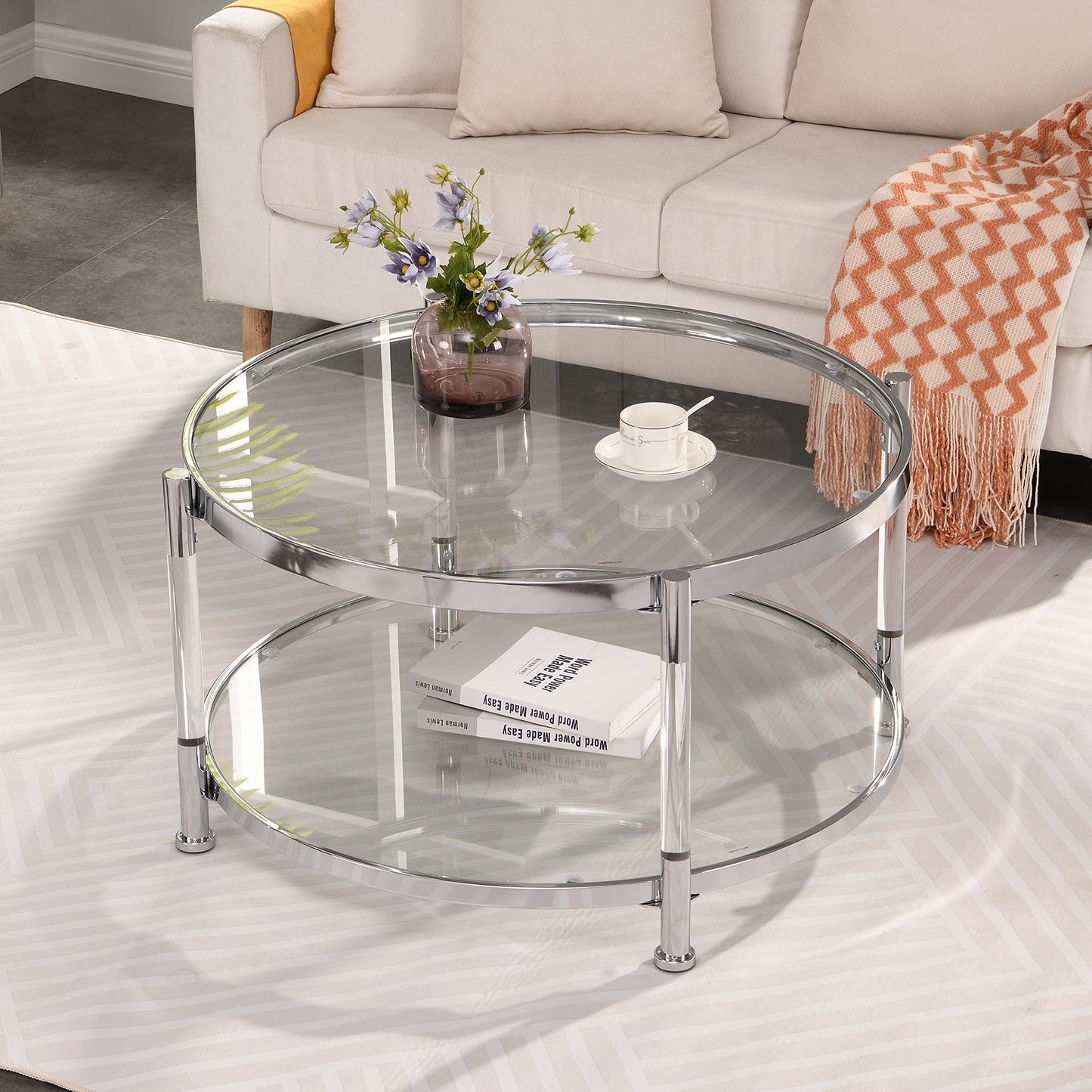 Lasadelgar Tempered Glass Round Coffee Table, 32.3" Modern Acrylic Legs Circle Coffee Table for Living Room