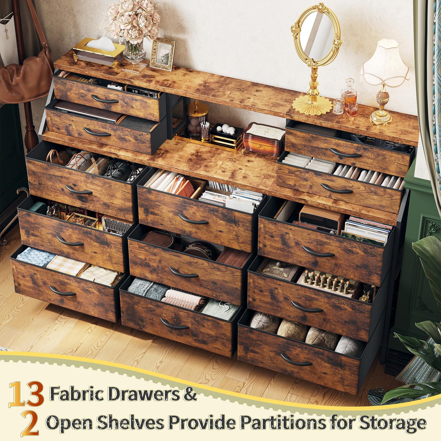 Romorgniz 55" W Dresser for Bedroom, Dressers & Chests of Drawers with 13 Fabric Drawers and 2 Open Shelves, Long Vanity Dressers for Bedroom & Closet, Rustic Brown, 55.1" W x 35.4" H x 11.4" D