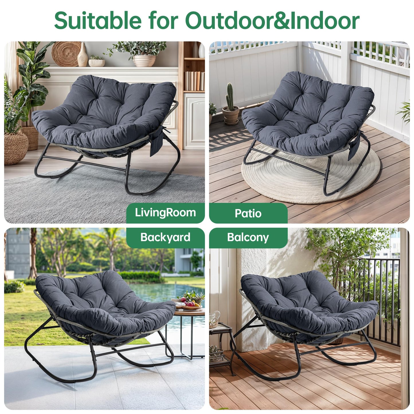 LotFun Papasan Rocking Chair, Outdoor Patio Rocking Chairs with Thick Cushion and Removable Side Pockets, Oversized Rocker Egg Chair for Bedroom, Porch, Garden (Dark Grey, 33" W x 40" D x 28" H)