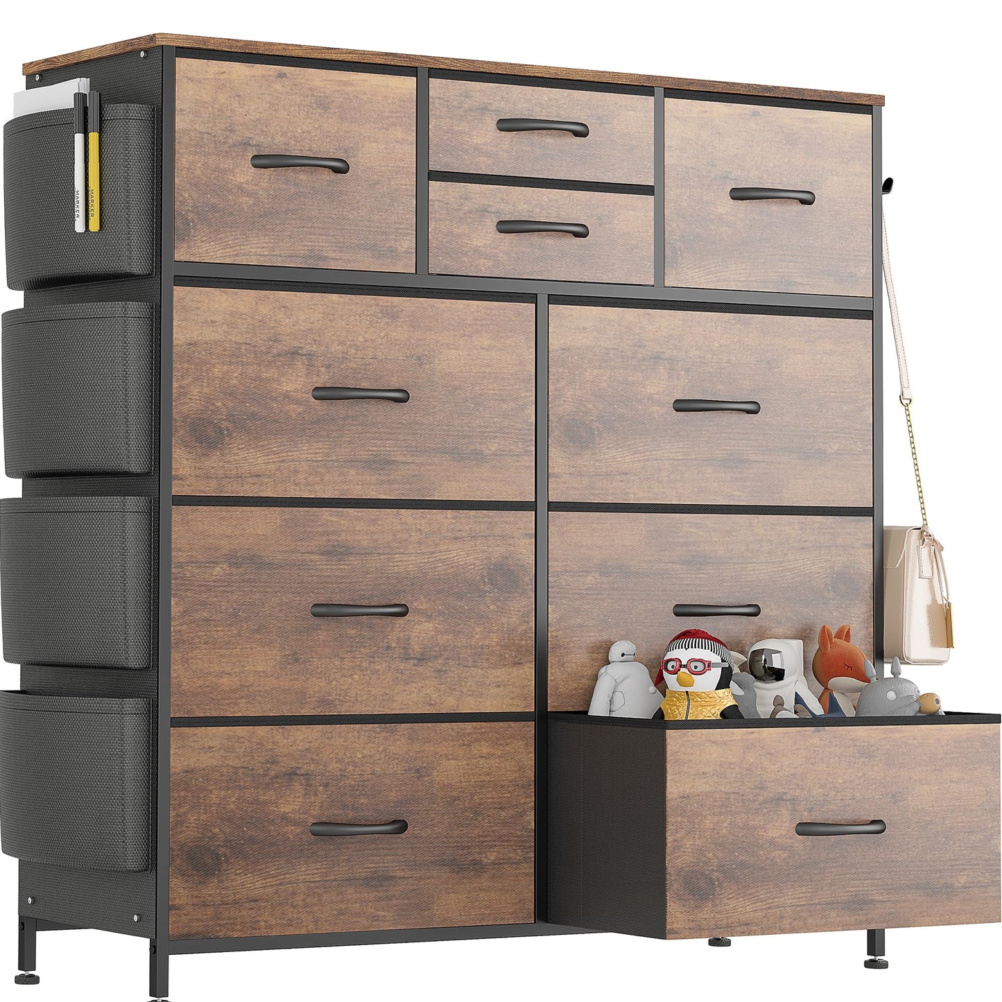Lulive Dresser for Bedroom with 10 Drawers, Chest of Drawers with Side Pockets and Hooks, Fabric Storage Organizer Unit for Living Room, Hallway, Closet (Rustic Brown)
