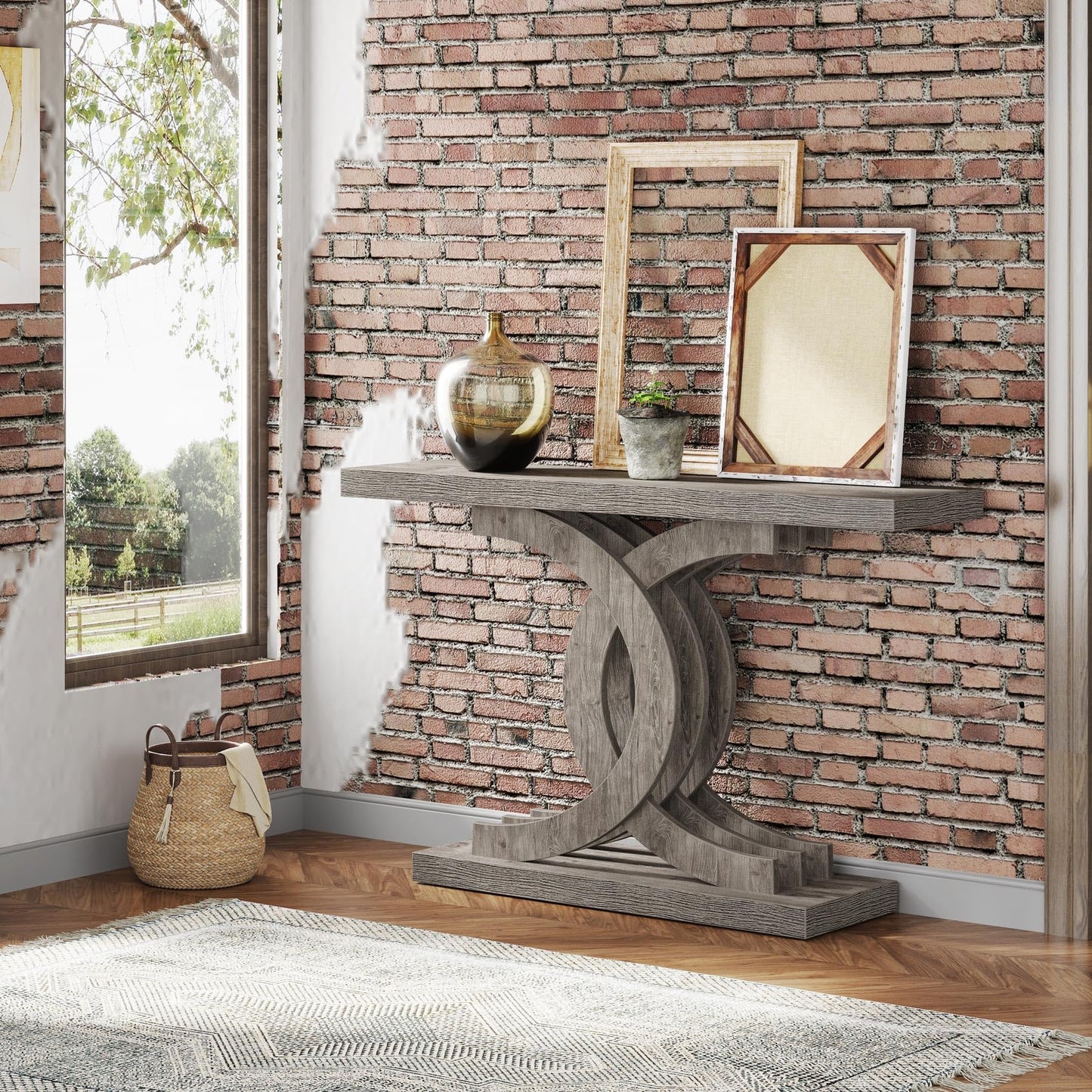 Console Tables Modern Farmhouse 39-inch Entryway Table with Geometric Base, Wooden & Metal Hallway Table for Entrance, Living Room (Grey)