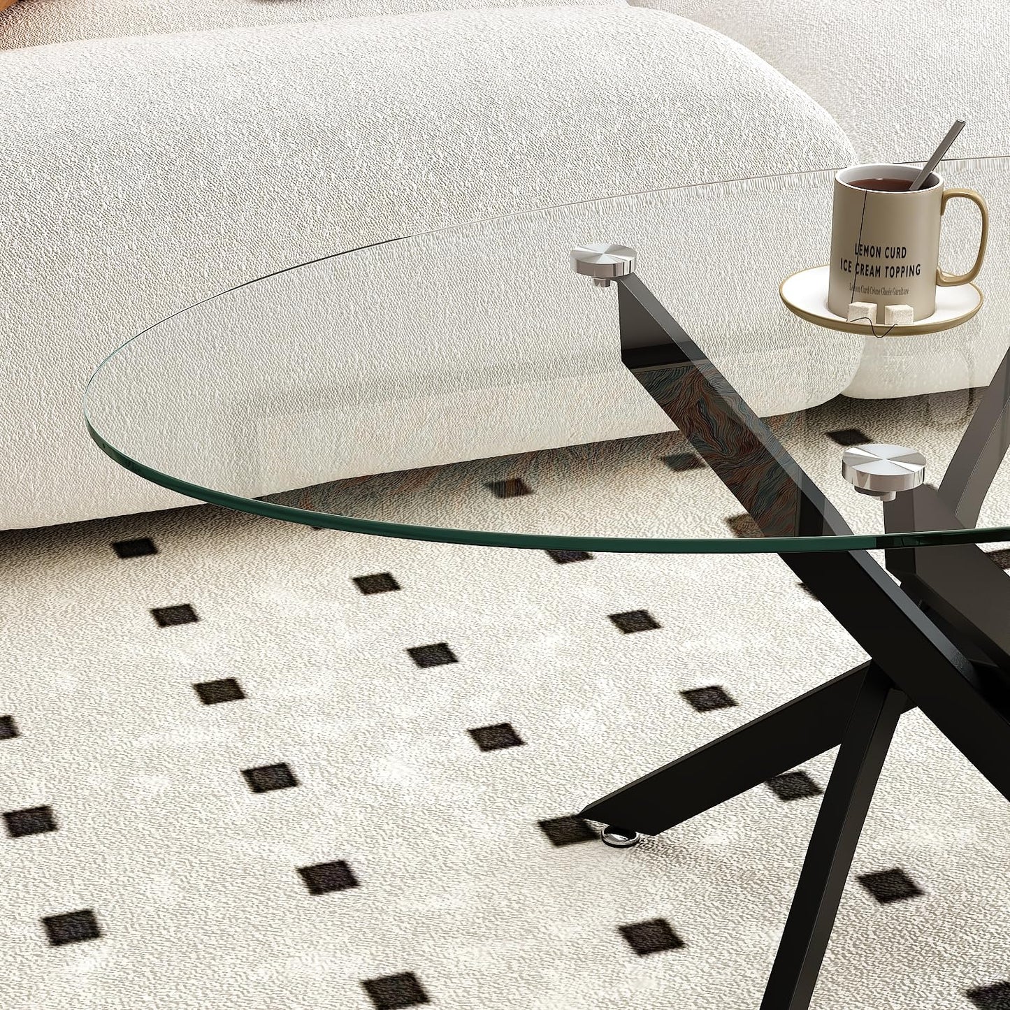 GOLDFAN Oval Coffee Table Modern Living Room Table with Tempered Glass Top and Black Metal Legs Contemporary Stylish Center Table Tea Table for Living Room Bedroom