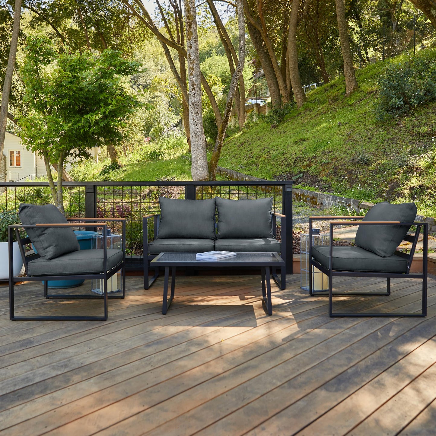 EAST OAK Courtyard Patio Furniture Set, 4-Piece Outdoor Patio Set with Sofa, Removable & Washable Deep Seating Cushion, Tempered Glass Table, Outside Patio Conversation Sets, Black & Dark Grey