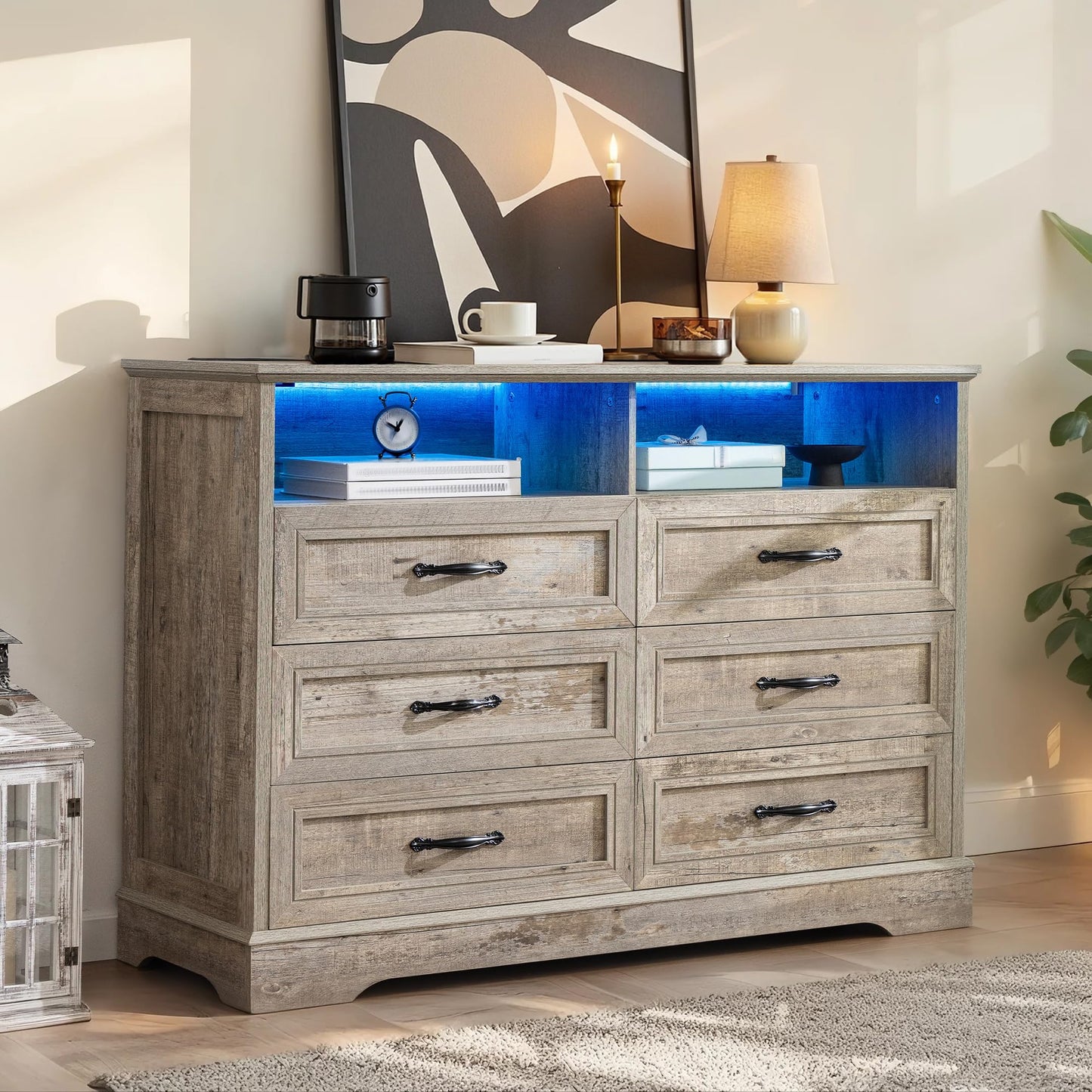 Homkdom Dressers for Bedroom,6 Drawers Dresser with LED Light,Power Outlets and Open Shelves,Chests of Drawers for 65 inch TV, for Hallway, Entryway, Light Rustic Oak