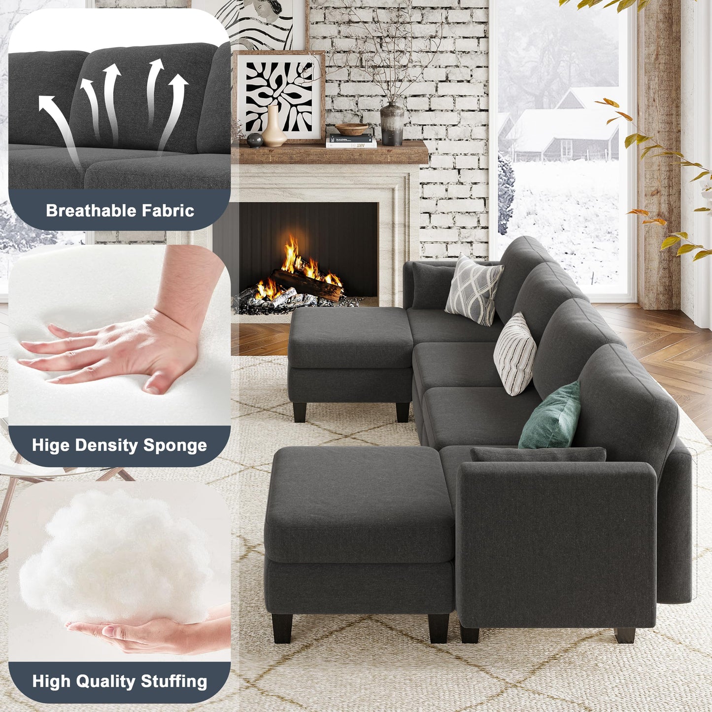 Huatean Home Modular Sectional Sofa, Convertible U Shaped Sofa Couch with High Density Memory Foam, 6 Seat Comfy Modular Sofa Couch for Living Room, Modern U Shaped Sectional Sofa, Dimgrey