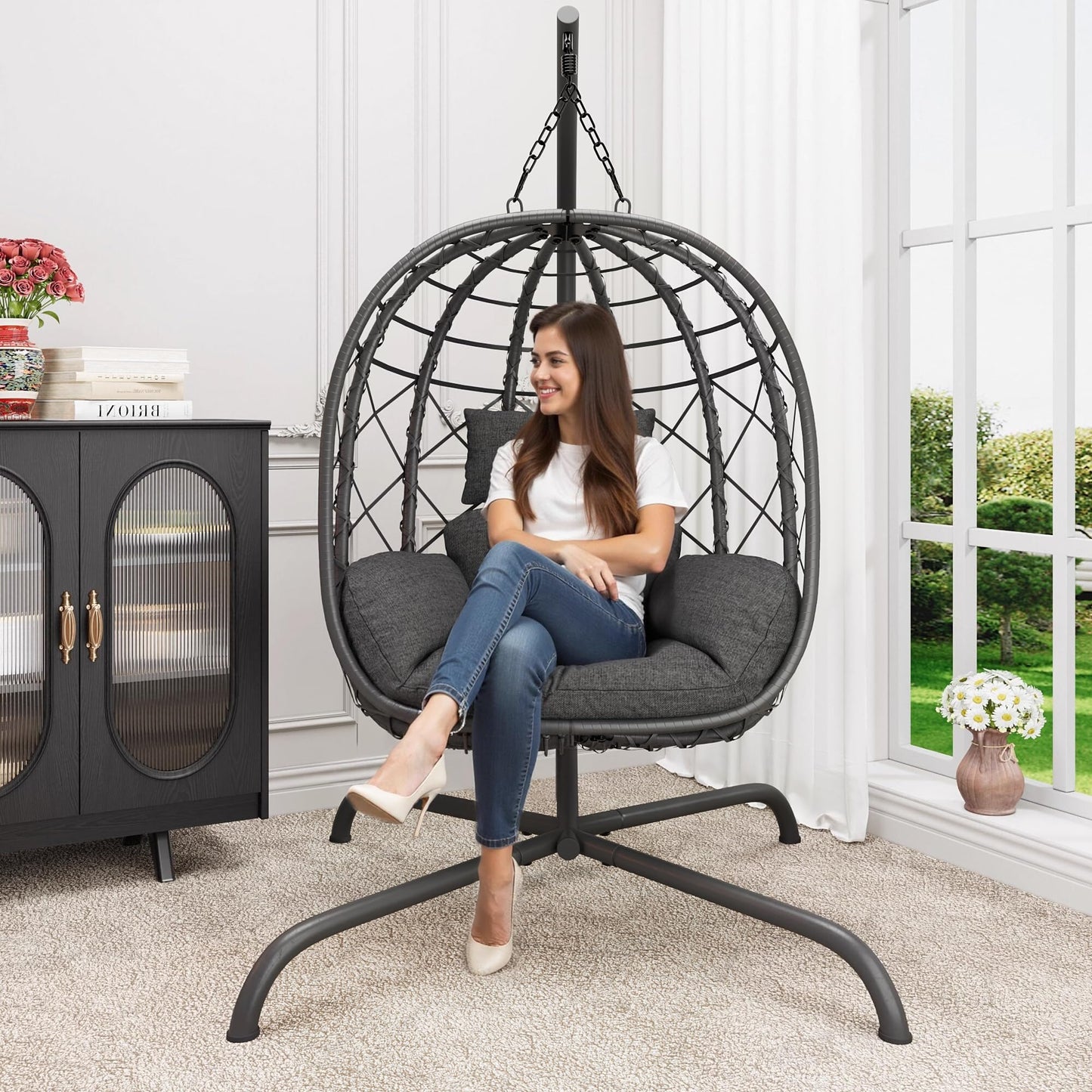Hanging Egg Chair with Stand Patio Wicker Rattan Swing Chair Hammock Egg Chair for Indoor & Outdoor 400lbs Capacity with Thickened Cushion for Bedroom Balcony Garden