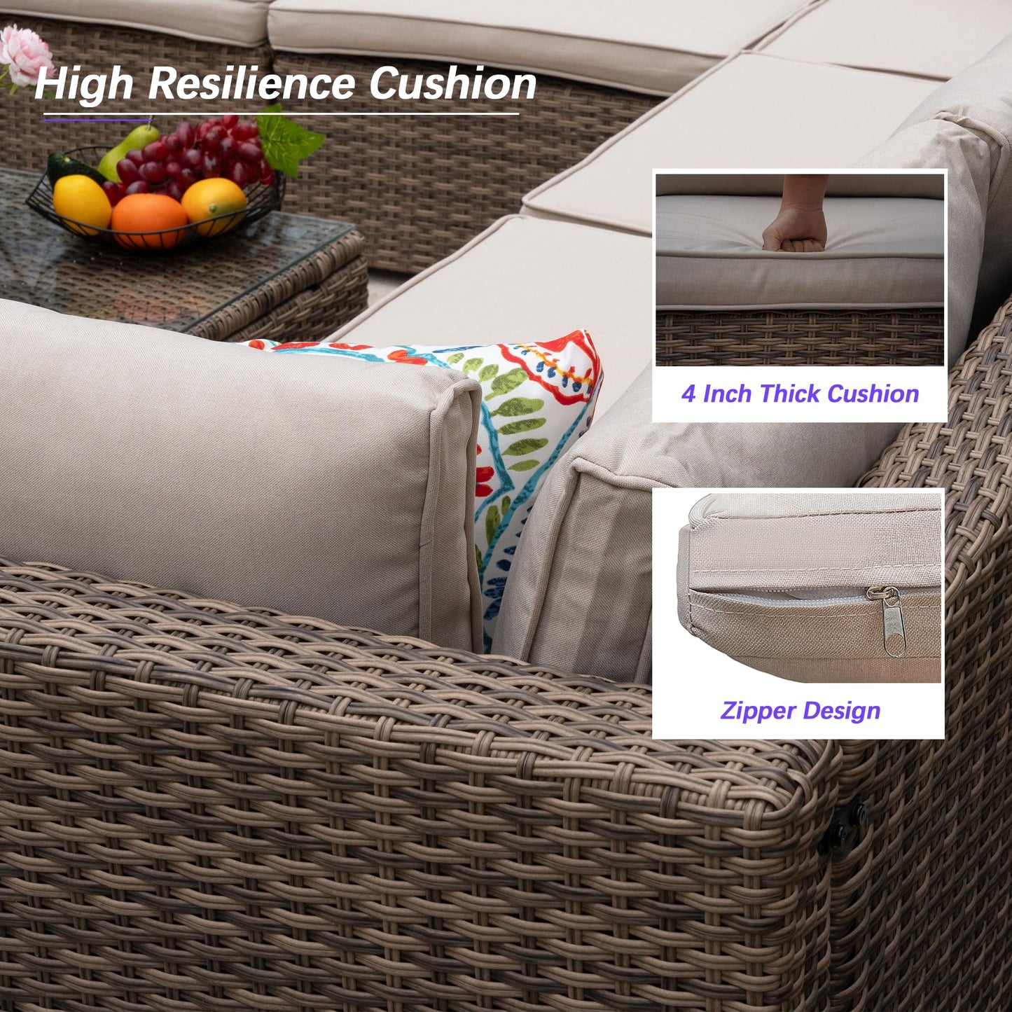 Naga Bahna 7 Piece Patio Furniture Set, Outdoor Patio Conversation Set, All-Weather Rattan Wicker Sectional Sofa Couch w Water Resistant Thick Cushions, 2 Extra Pillows and Coffee Table, Beige/Brown