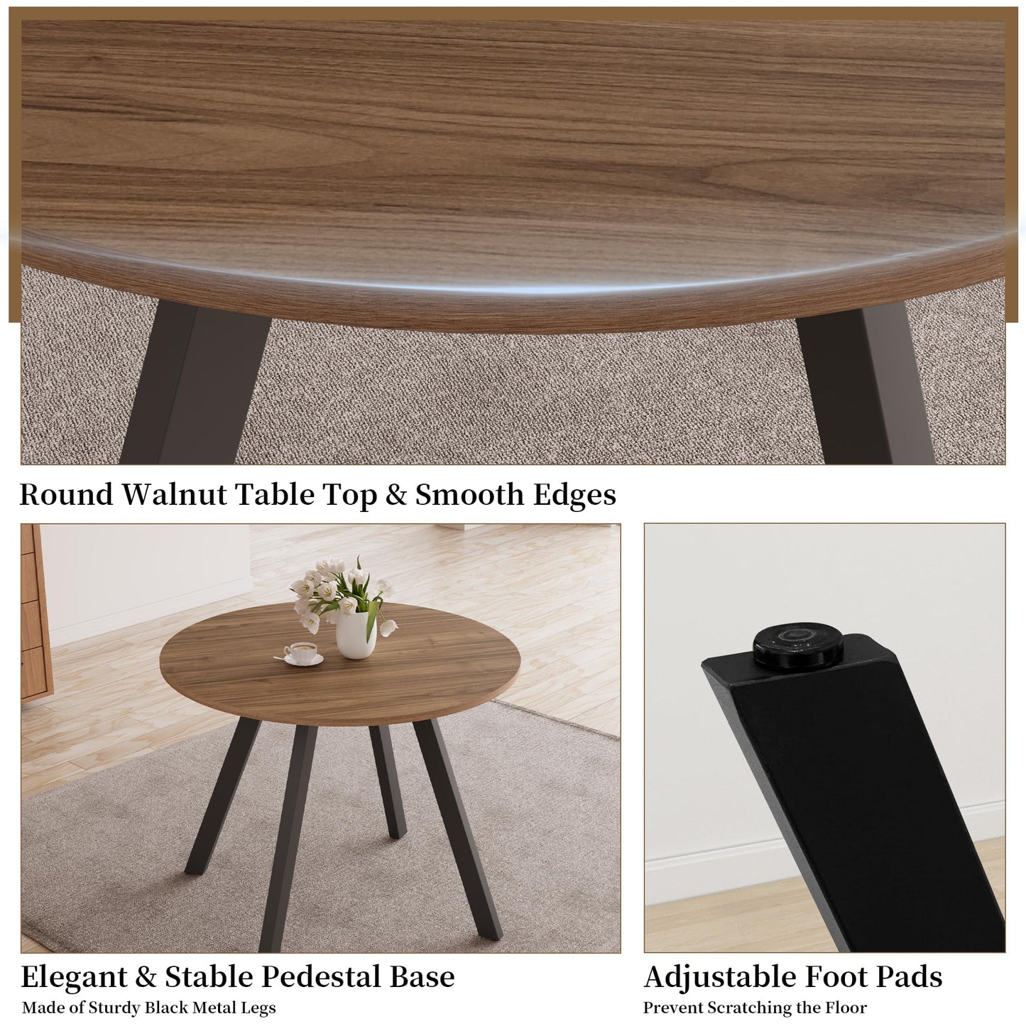 Zerifevni 34.6'' Round Dining Table and Chairs for 4 Space Saving for Apartment Kitchen Dining Room (Walnut Table+4 Brown Chairs)