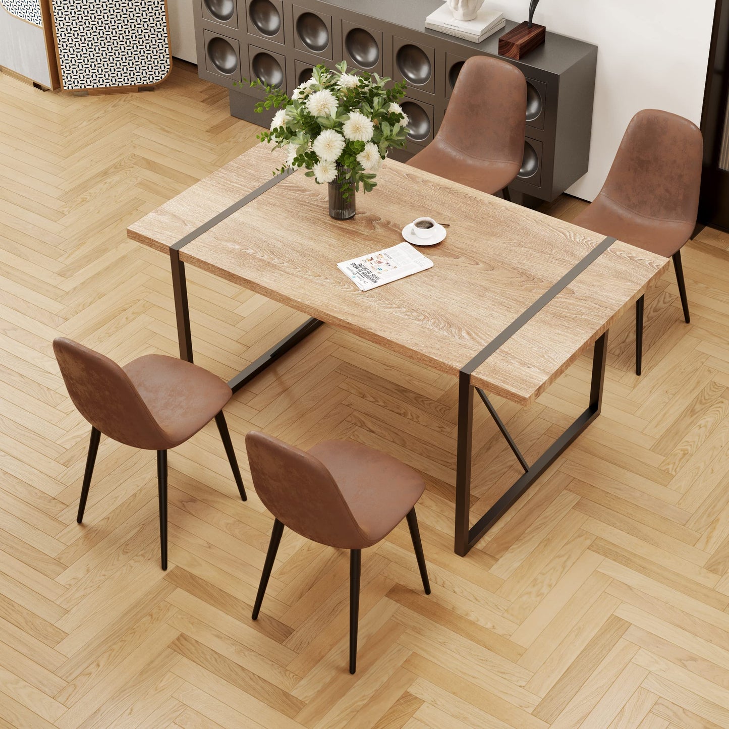 MUUOKY Dining Table Set for 4, Modern 55'' Wood Dinette Table Set for 4 with Fabric Dining Chairs,Table and Chairs Set of 4,Ideal for Kitchen Dining Room