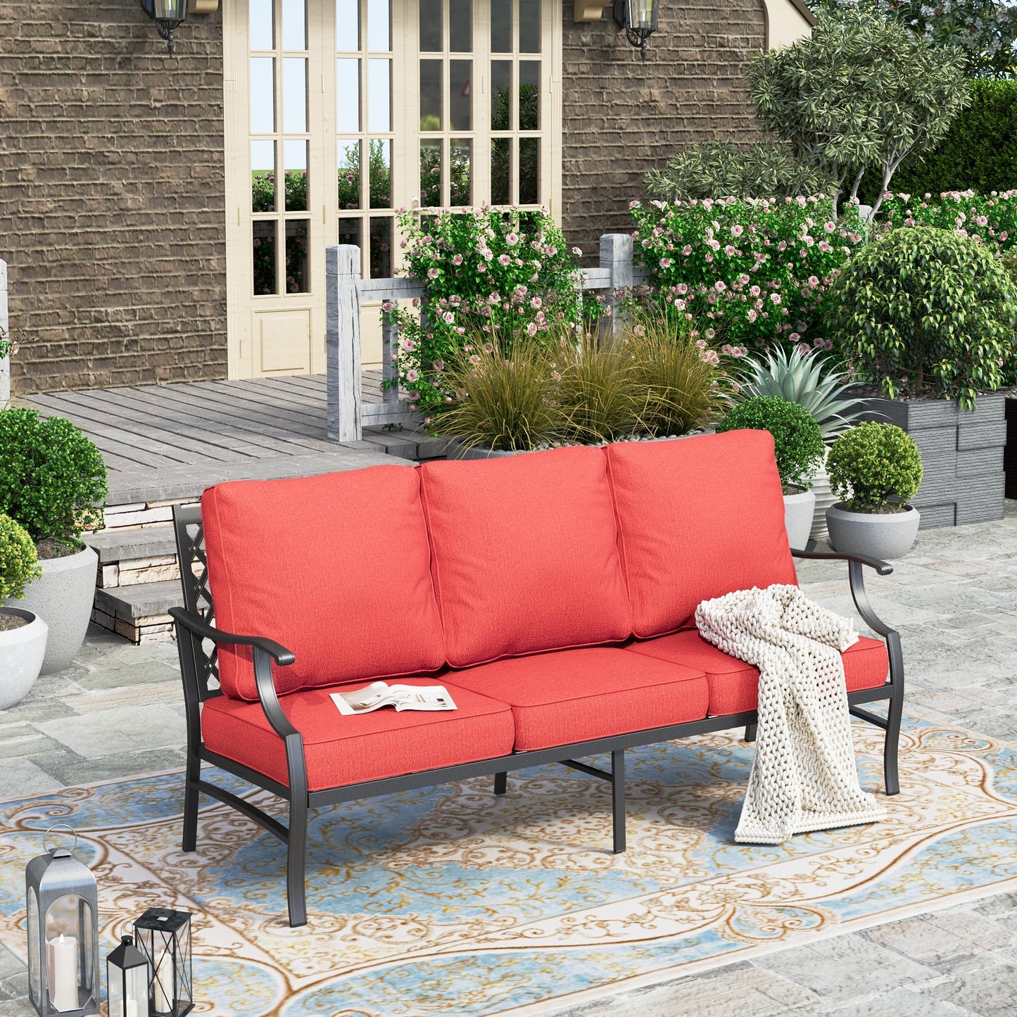 HERA'S HOUSE Patio Furniture Sofa, All-Weather Outdoor 3 Seats Couch, Outdoor Patio Couch with Deep Seating and Olefin Cushions for Lawn Garden Backyard, Red