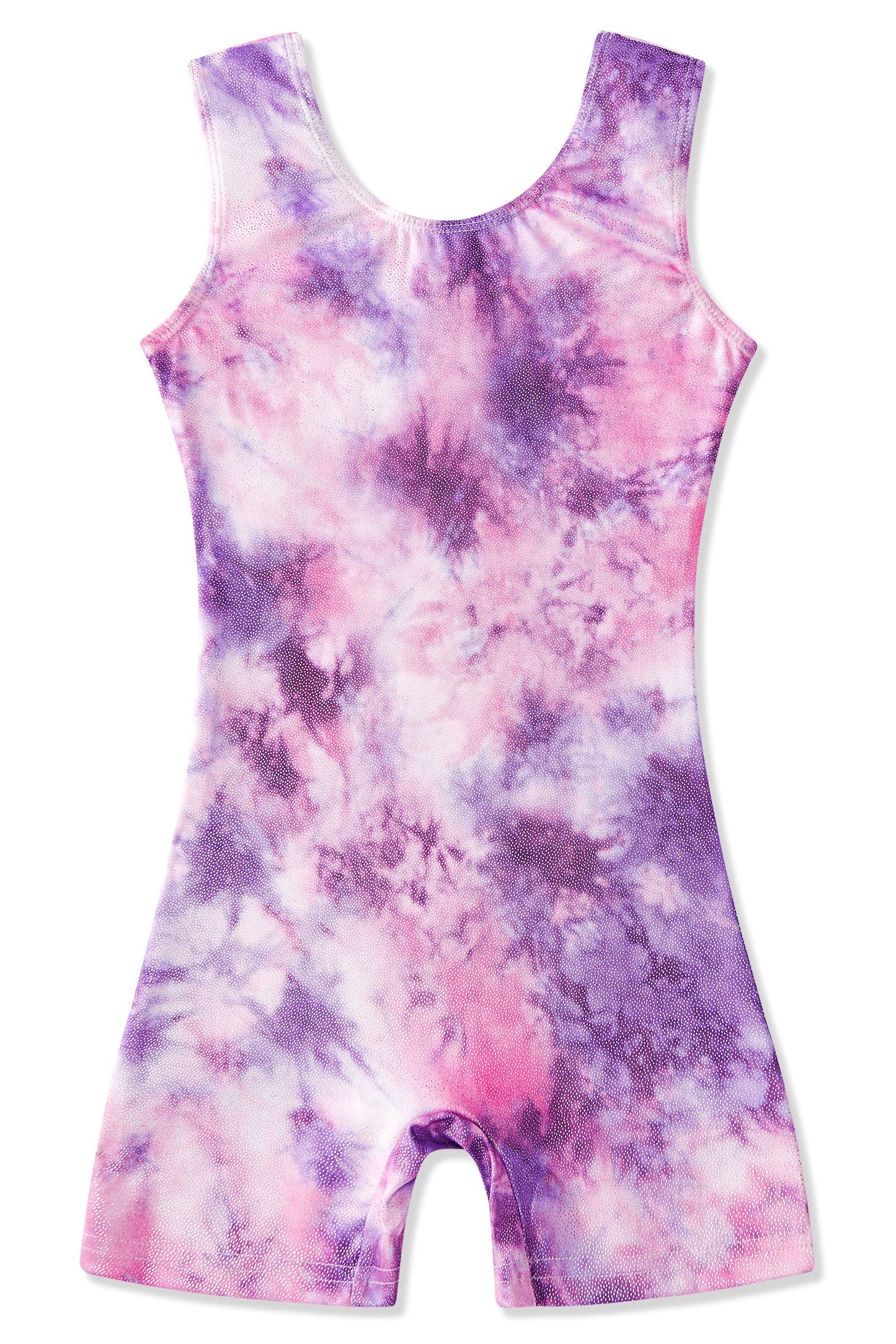 Funnycokid Gymnastics Leotards for Girls Purple Tie Dye Outfits Sparkly Sleeveless Biketard Unitards with Shorts 5 6Years