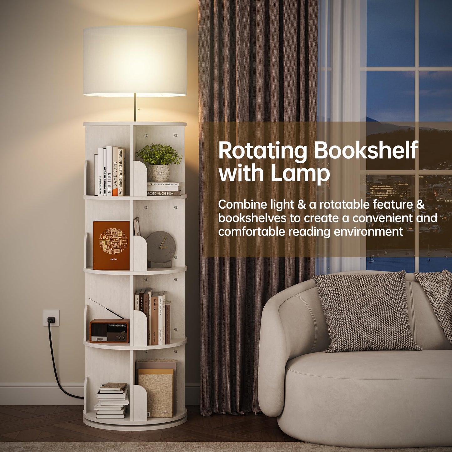 iabifo 4 Tier Rotating Bookshelf with Lamp, 3 Color Temperatures, Vertical Bookcase Tower, Space-Saving Floor Standing Organizer for Living Room, Bedroom, White