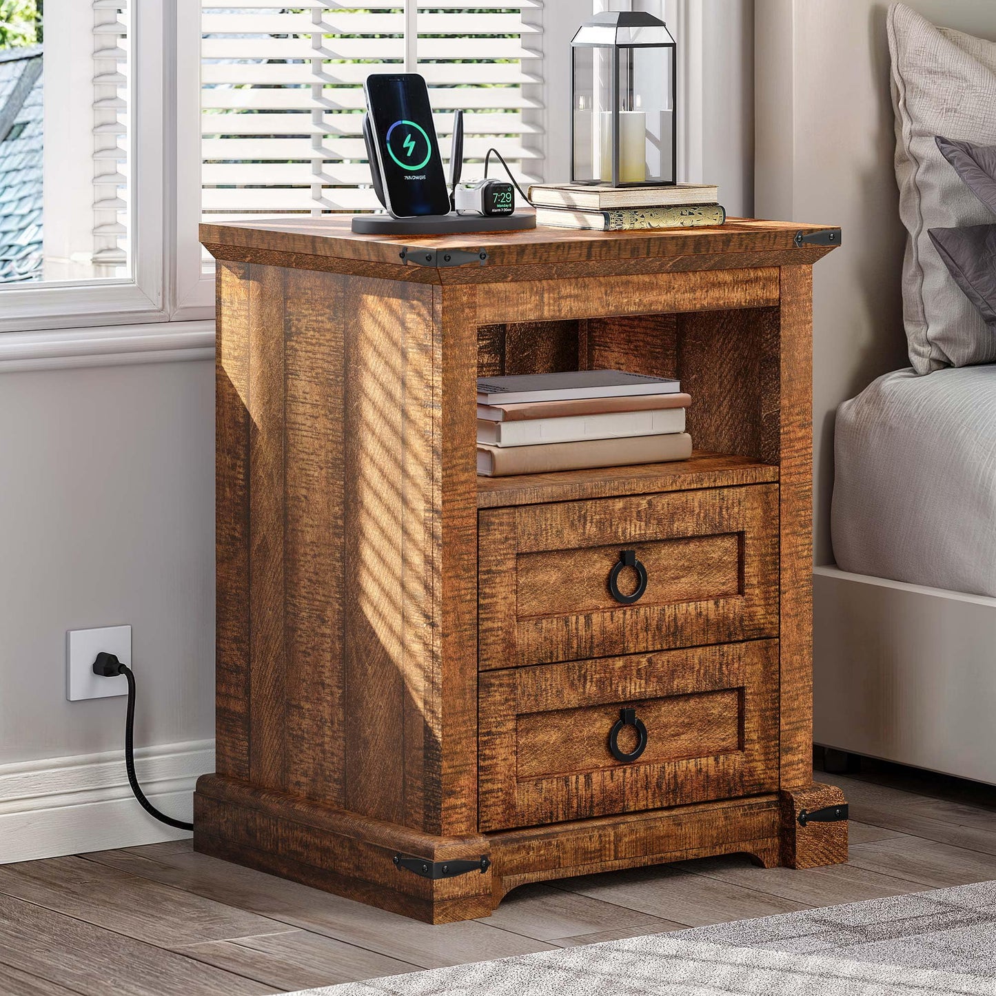 YITAHOME Nightstand Set of 2, Farmhouse Night Stand with Charging Station ＆ 2 Drawers for Bedroom, LED Lights, Heavy Duty End Table Side Table w/Open Shelf, Retro Brown