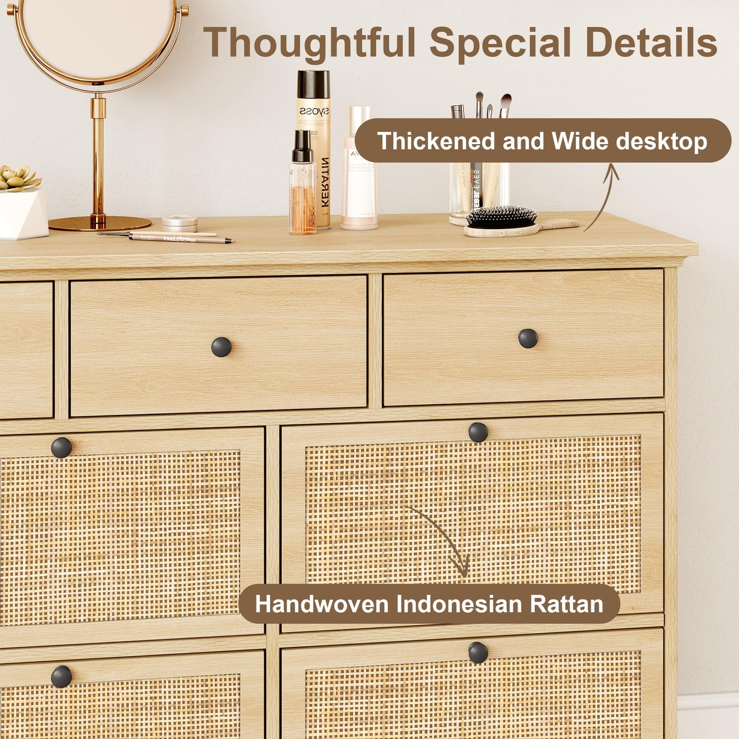 Brafab 10 Drawer Rattan Dresser for Bedrroom, 59" Wide Natural Wood Dressers, Long Boho Chest of Drawers, Mid-Century Light Oak Dresser TV Stand, Large Clothes Storage Cabinet