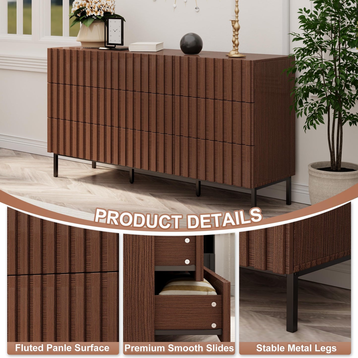 UEV 59" Fluted Dresser with 9 Drawers for Bedroom, Mid Century Style Fluted Dresser, Long Chest of Drawers TV Stand for Bedroom, Hallway (Walnut)