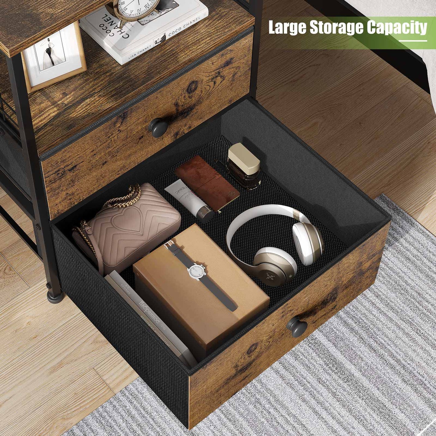 Nightstand Set of 2, 17.8"W Bedside Table with Fabric Drawers and Open Wood Shelf Storage, Safety Netting on 2 Sides of Bedside Table,Night Stand for Bedroom,Closet, Hallway, Dorm, Rustic Brown