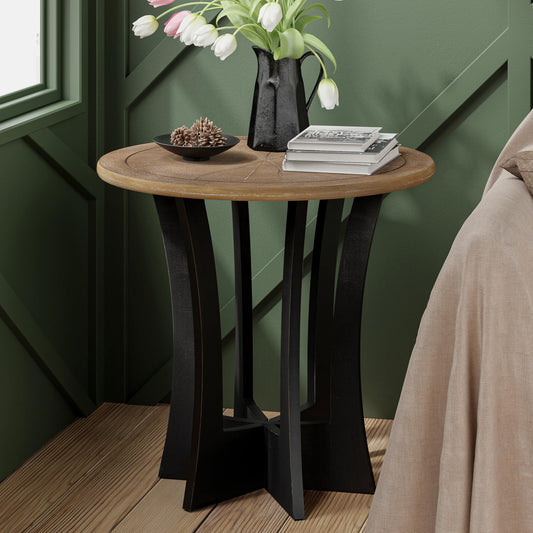 COZAYH Farmhouse Round End Table with Criss-Cross Wood Legs, Rustic French Country Side Table for Dinning or Living Room, Modern, Black, Natural Wood