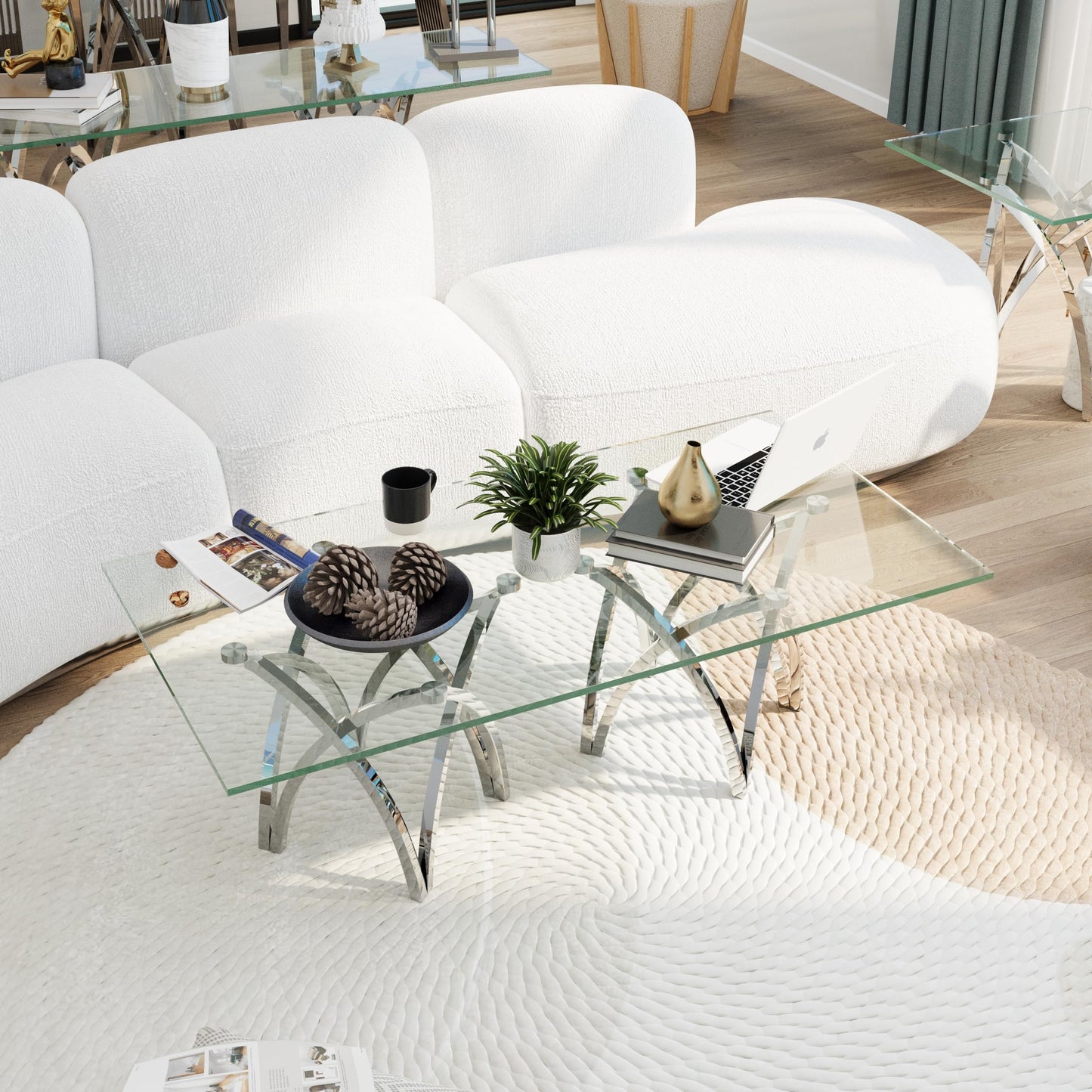 AUZ Silver and Glass Coffee Table for Living Room, 50 Inch Center Table with Tempered Glass Tabletop Stainless Steel Base, Modern Rectangular Coffee Table for Home Office