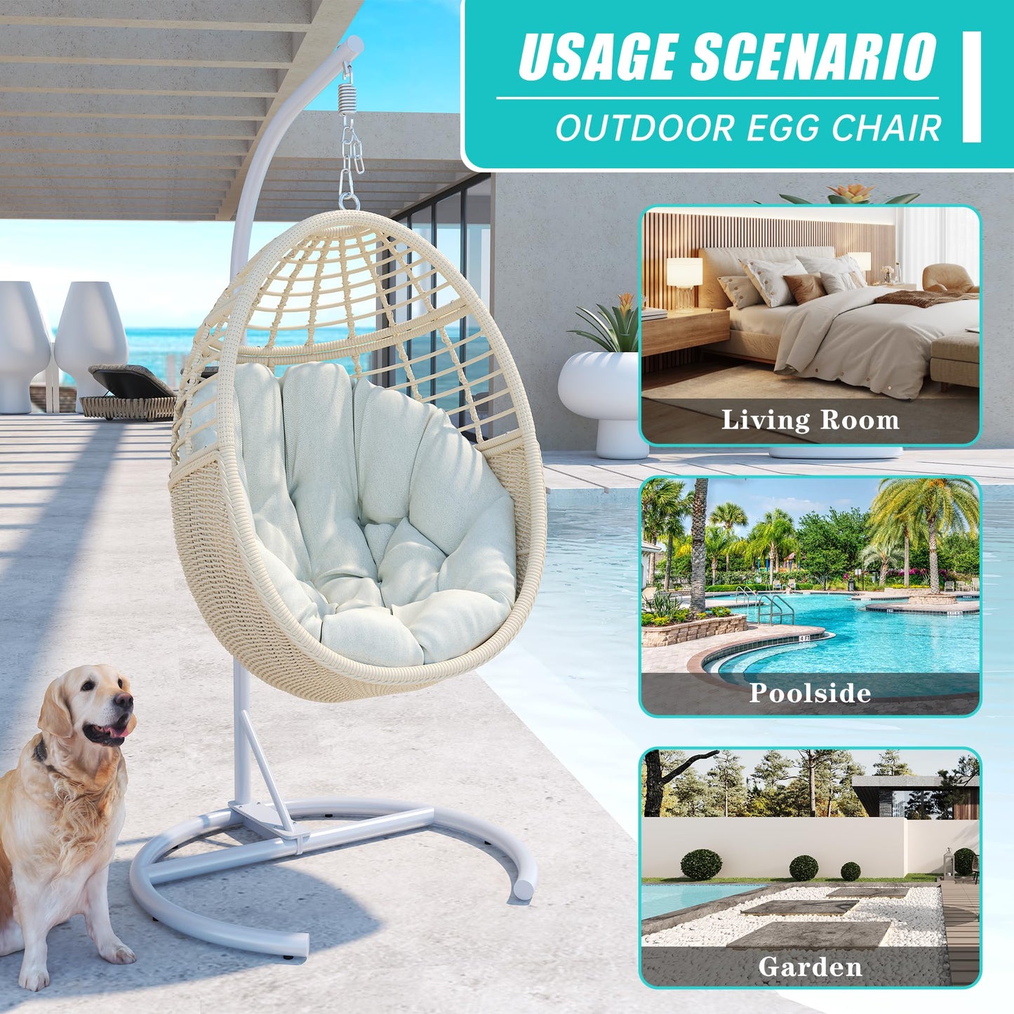 Erotr Egg Swing Chair with Stand: Hand Woven PE Rattan Hanging Chairs Hammock - Indoor Outdoor Swinging Lounger with Soft Cushion for 330lbs Patio Balcony Garden Living Room Bedroom Porch, Beige