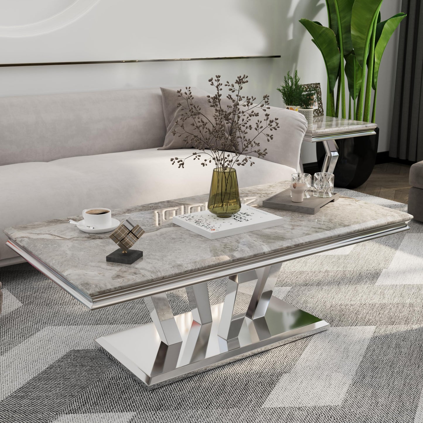 Asday Silver Gray Coffee Table with Four Metal Geometric Legs and 48‘’ High Gloss Top for Living Room, Office, Reception Room