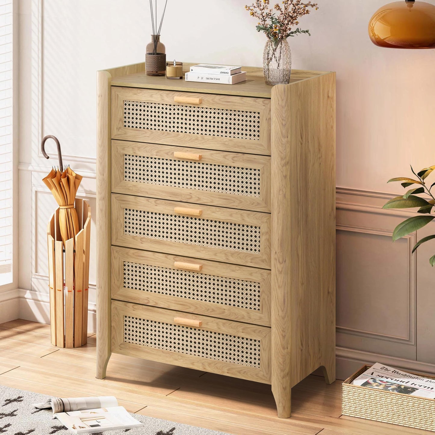 ELISA HOME Fake Rattan 5 Drawers Dresser for Bedroom, 47.2" Tall Modern Chest of Drawers, Wood Drawer Organizer for Clothes, Entryway, Hallway, Nursery or Living Room, Oak