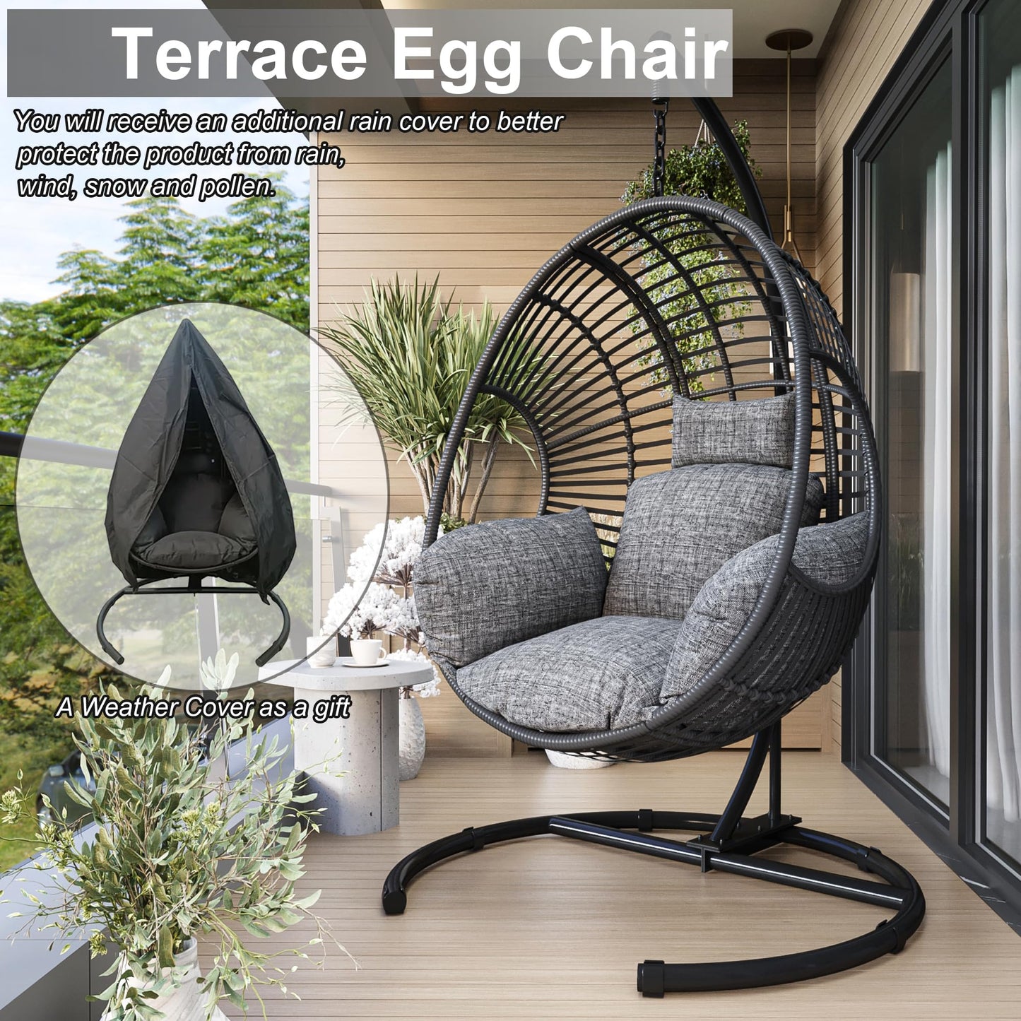 Hanging Egg Chair with Stand - Egg Swing Chair Outdoor Indoor Patio Wicker Chair Swing Hammock Egg Chairs 400lbs Capacity for Outside Patio, Bedroom, Garden and Balcony（Black）