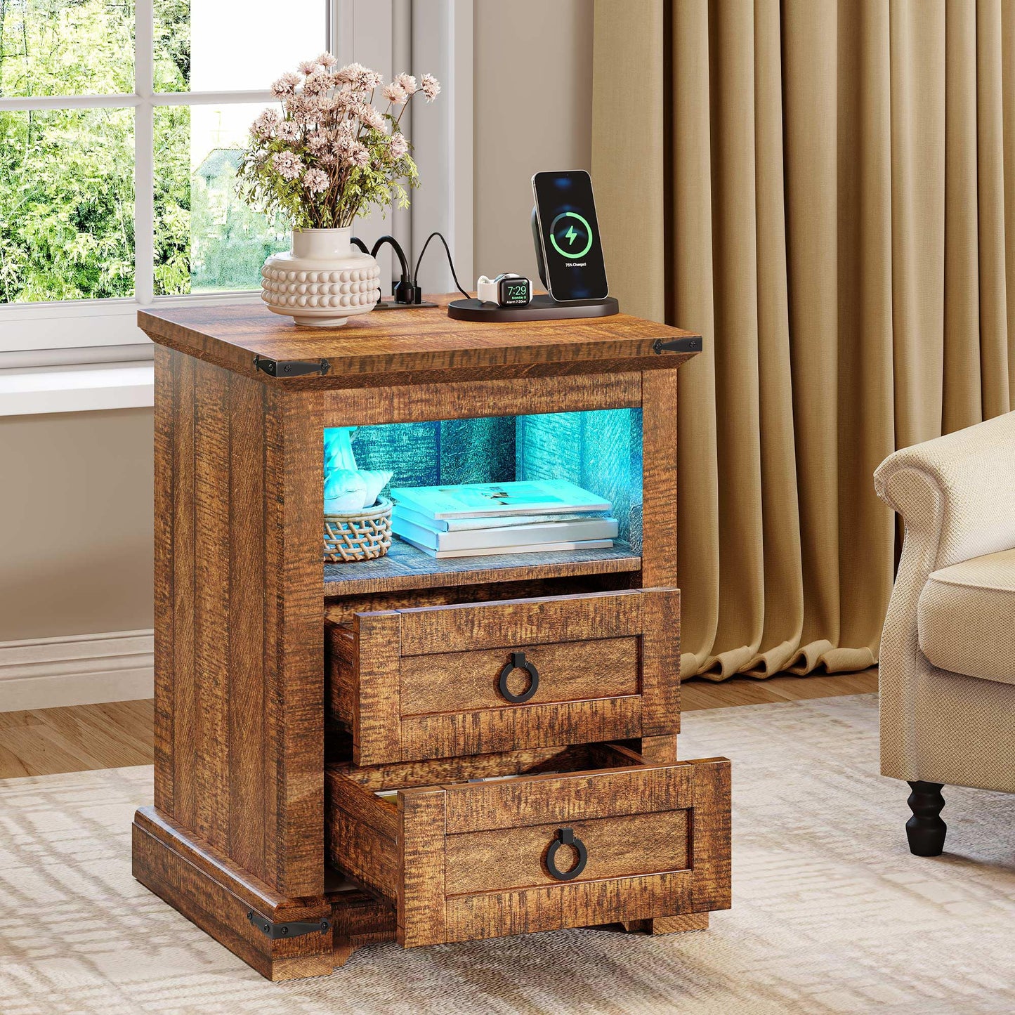 YITAHOME Nightstand Set of 2, Farmhouse Night Stand with Charging Station ＆ 2 Drawers for Bedroom, LED Lights, Heavy Duty End Table Side Table w/Open Shelf, Retro Brown