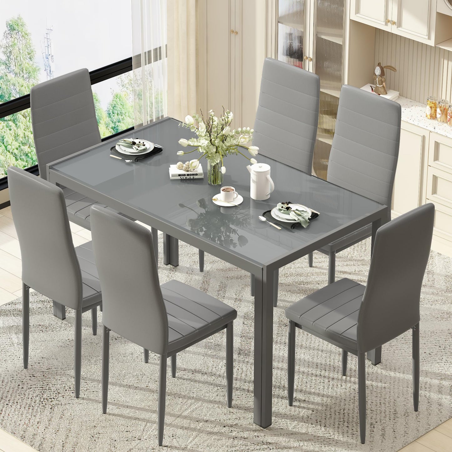 Hooseng Dining Table Set for 6, Tempered Glass Kitchen Table with 6 PU Leather Chairs, 7-Piece Dining Room Sets for Small Space, Dinette, Apartment