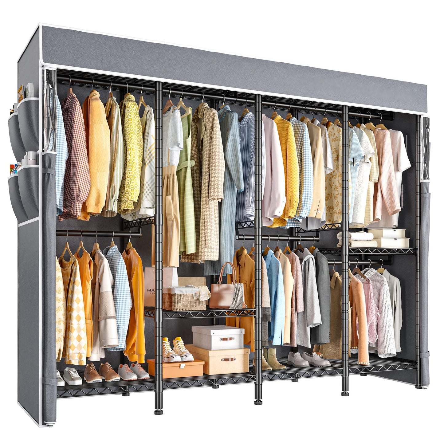 Raybee Clothes Rack with Cover,1150LBS Heavy Duty Clothing Rack for Hanging Clothes,Adjustable Portable Closet for Bedroom,18" D x 76" W x 77" H,Black