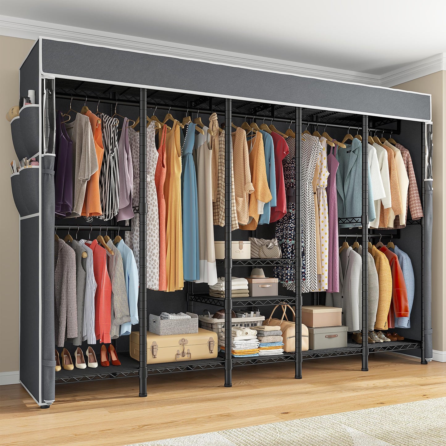 Raybee 90.6" W Clothes Rack with Cover Heavy Duty Clothing Rack with Cover Loads 1200LBS Wardrobe Closet Freestanding Garment Rack for Bedroom, Black