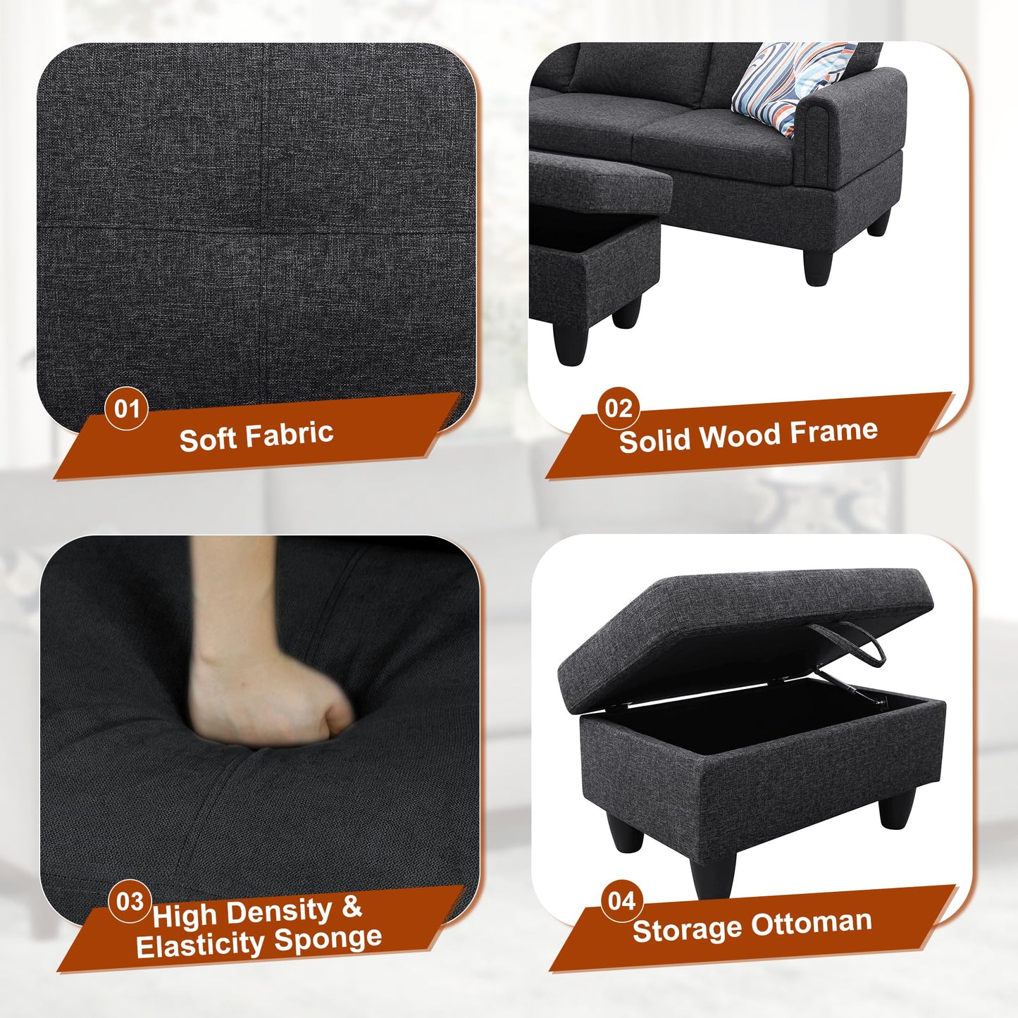 Osparple L Shaped Couch Sectional Couches for Living Room Upholstered Linen Fabric 3 Pieces Modular Sectional Sofa with Chaise, Ottoman with Storage for Small Apartment, Charcoal
