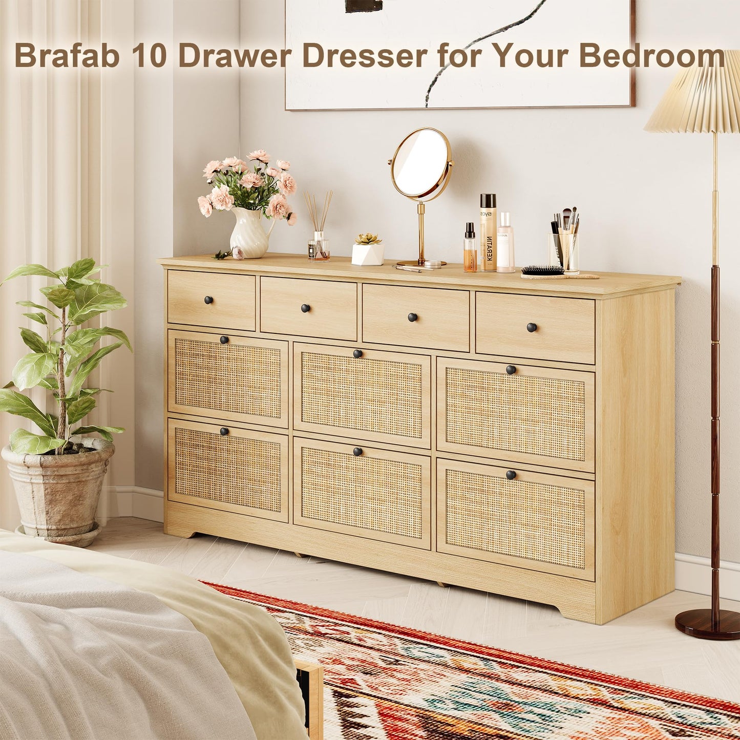Brafab 10 Drawer Rattan Dresser for Bedrroom, 59" Wide Natural Wood Dressers, Long Boho Chest of Drawers, Mid-Century Light Oak Dresser TV Stand, Large Clothes Storage Cabinet