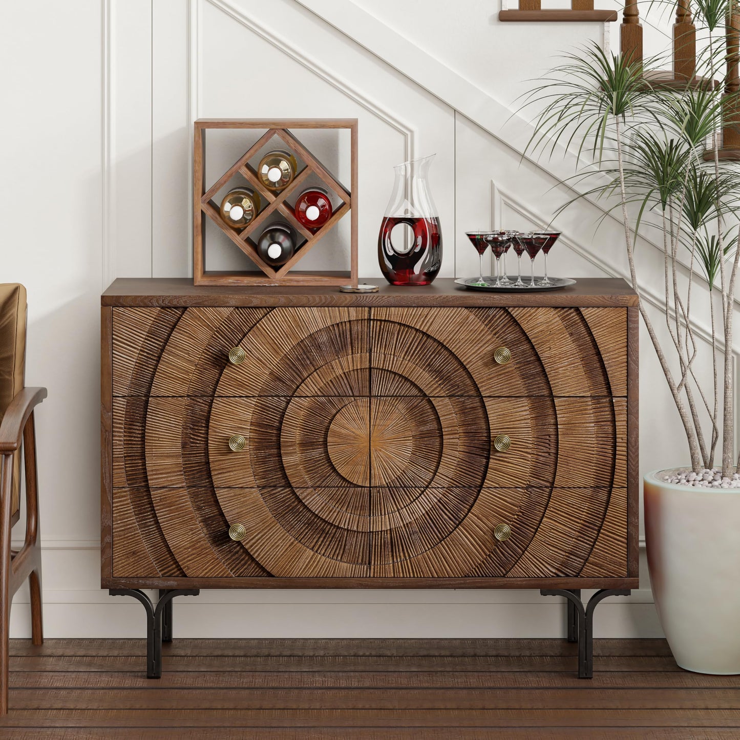 Aoikax Farmhouse 6-Drawer Dresser, Accent Wooden Chest of Drawers with Circle Pattern and Radioactive Wood Lines,Accent Storage Dresser for Living Room, Bedroom, Brown