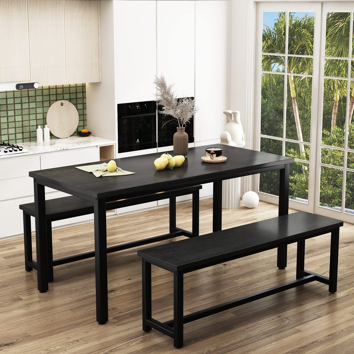 Recaceik Dining Table Set for 4 Kitchen Table Set with 2 Dining Benches, 3 Piece Farmhouse Dining Room Table Set Industrial Breakfast Nook Table Set for Small Space, Apartment, Black