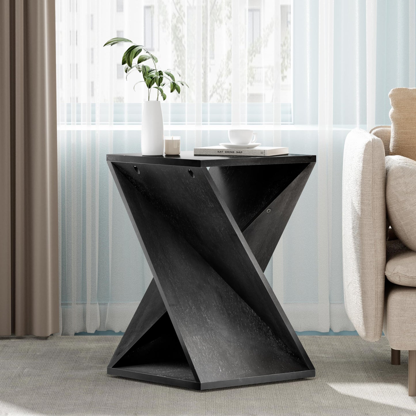 COZAYH Farmhouse End Table Square Solid Wood Pedestal Side Table Rustic Plant Stand with Twisted Design for Living Room, Bedroom, Office, Black