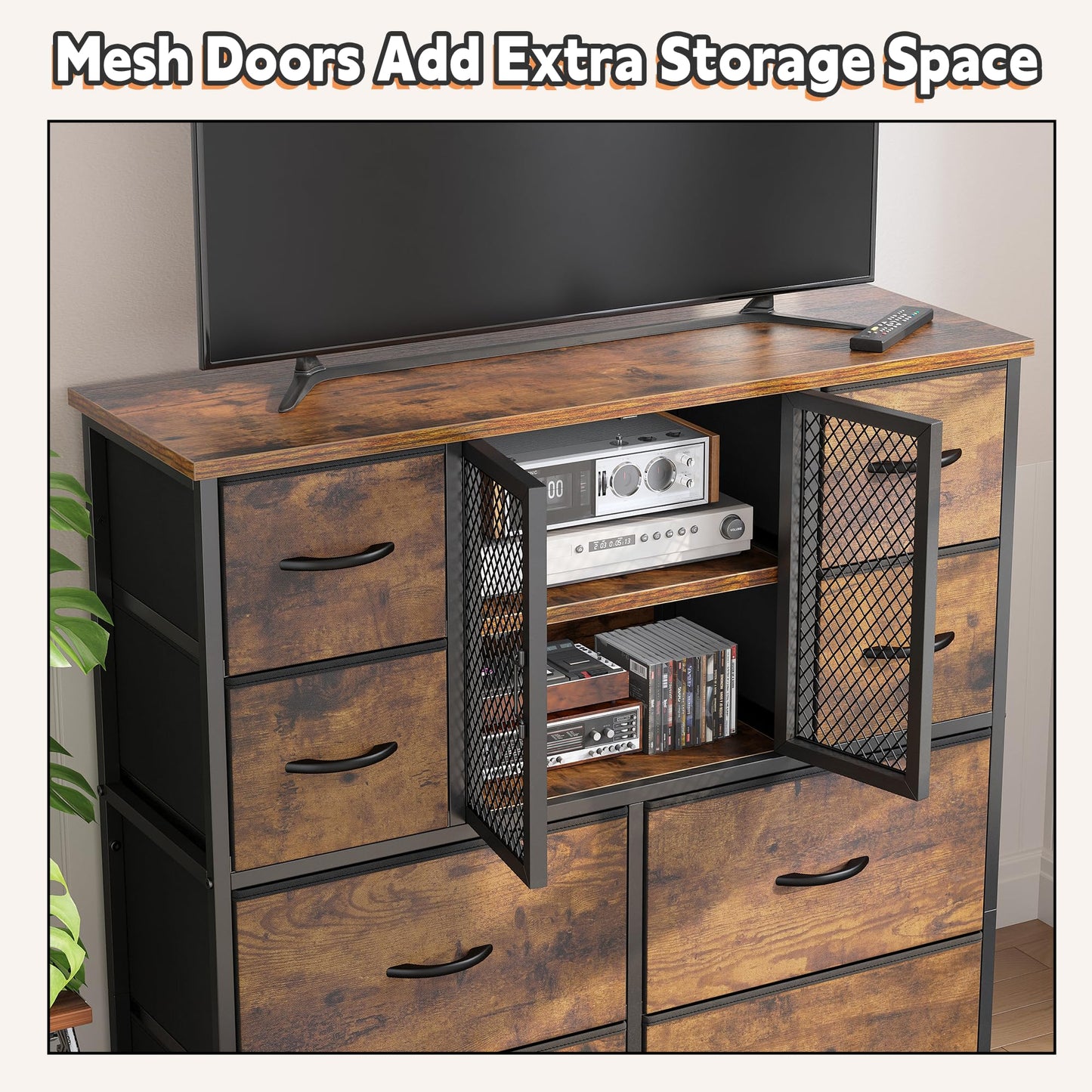 Dresser for Bedroom with Mesh Door Tall Dressers & Chests of Drawers with 10 Fabric Drawers Bedroom Dresser Organizer, Metal Frame, Wood Top, Closet, Entryway, Rustic Brown, 48.1" Hx38 Wx11.81 D