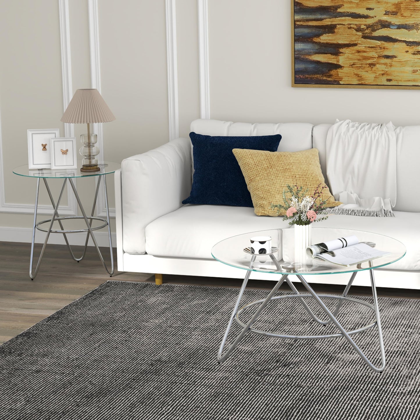 OIOG Glass Coffee Table, Round Coffee Table Living Room, Modern Coffee Table with Tempered Glass Tabletop and Chrome Frame, Silver